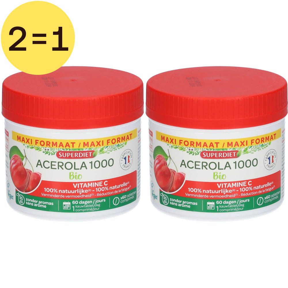 Deux boîtes de Superdiet Acérola 1000 Bio. Couvercles rouges, étiquettes avec informations produit et image d'acérola. Symbole jaune 2=1.
