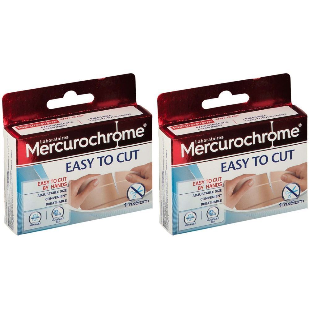 Deux boîtes Mercurochrome, facile à couper. Inscription: EASY TO CUT BY HANDS, 1 m x 6 cm. Emballage avec couvercle rouge.