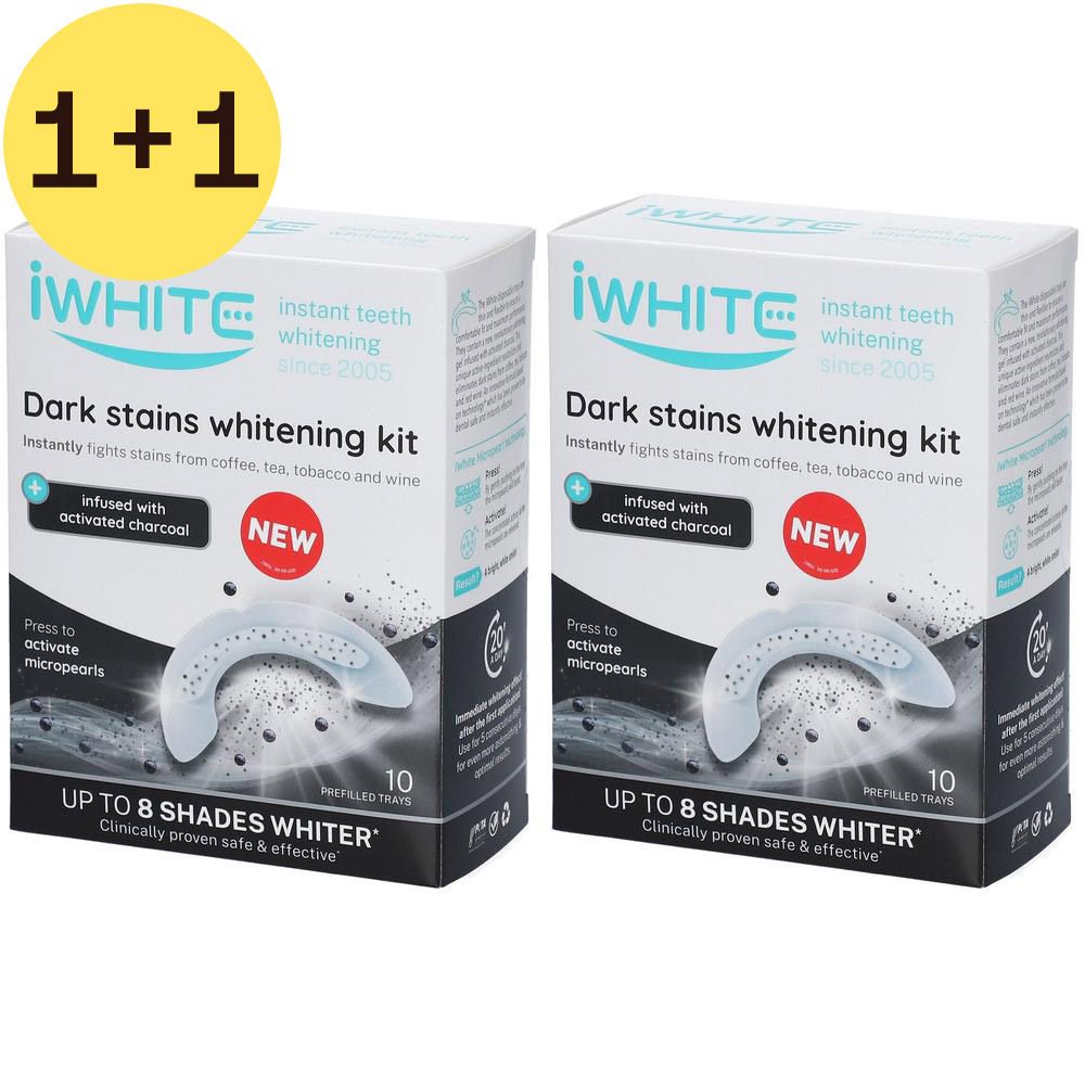 Deux boîtes iWhite Kit de Blanchiment Dentaire Dark Stains. Inscription : "Dark stains whitening kit". Contient 10 gouttières préremplies. 1+1 GRATUIT.