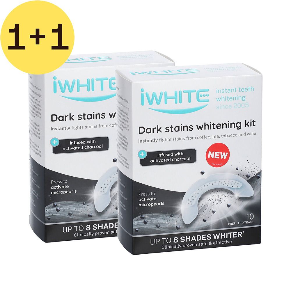 Deux boîtes iWhite Kit de Blanchiment Dentaire Dark Stains. Inscription : "Dark stains whitening kit". Contient 10 gouttières préremplies. 1+1 gratuit.