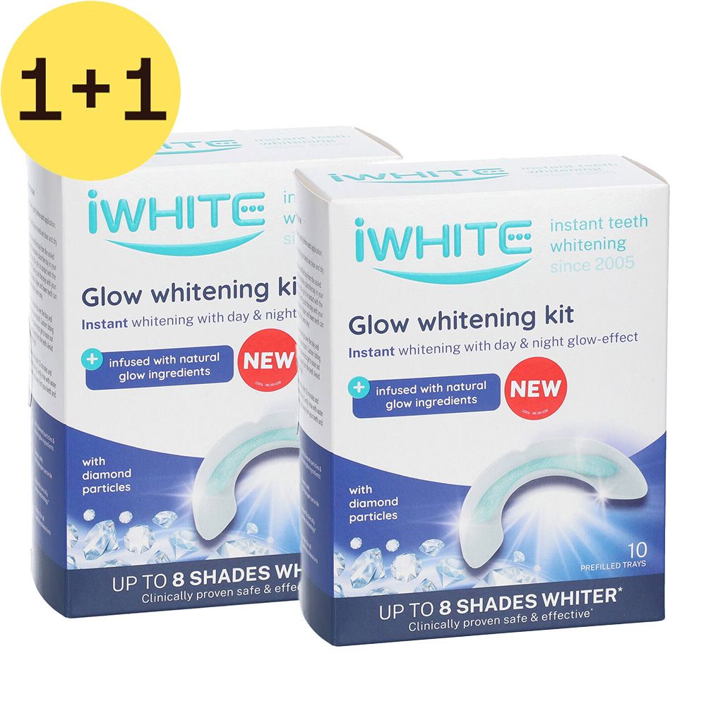 Deux boîtes iWHITE Glow Whitening Kit. Inscription : "Glow Whitening Kit", "Up to 8 shades whiter".