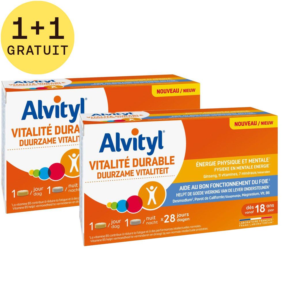 Deux boîtes Alvityl Vitalité Durable. Inscription 1+1 GRATUIT. Emballage orange avec nom du produit et informations.
