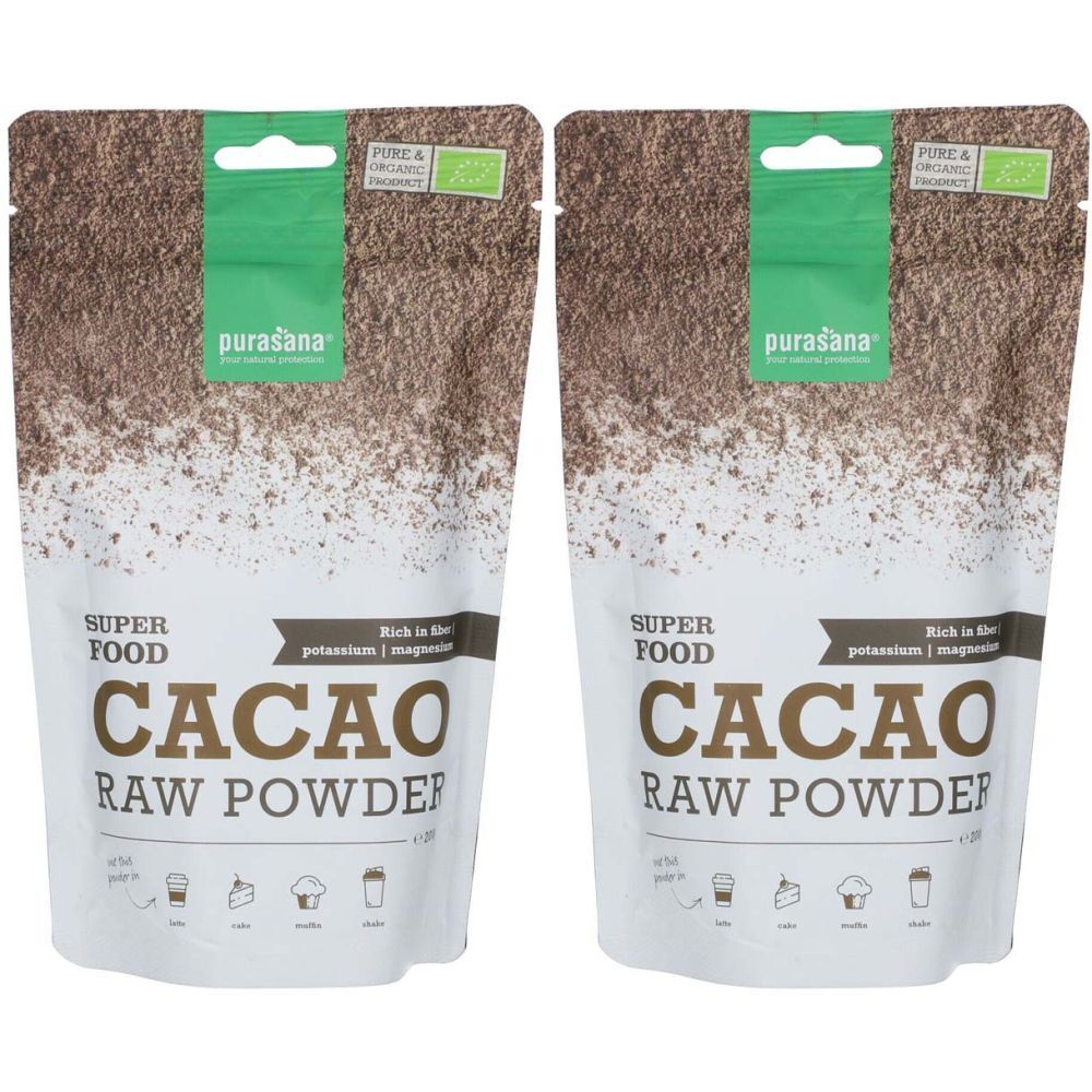 Deux sachets de poudre de cacao Purasana. Haut vert, trou. Inscription : Super Food, Cacao, Raw Powder. Label bio.