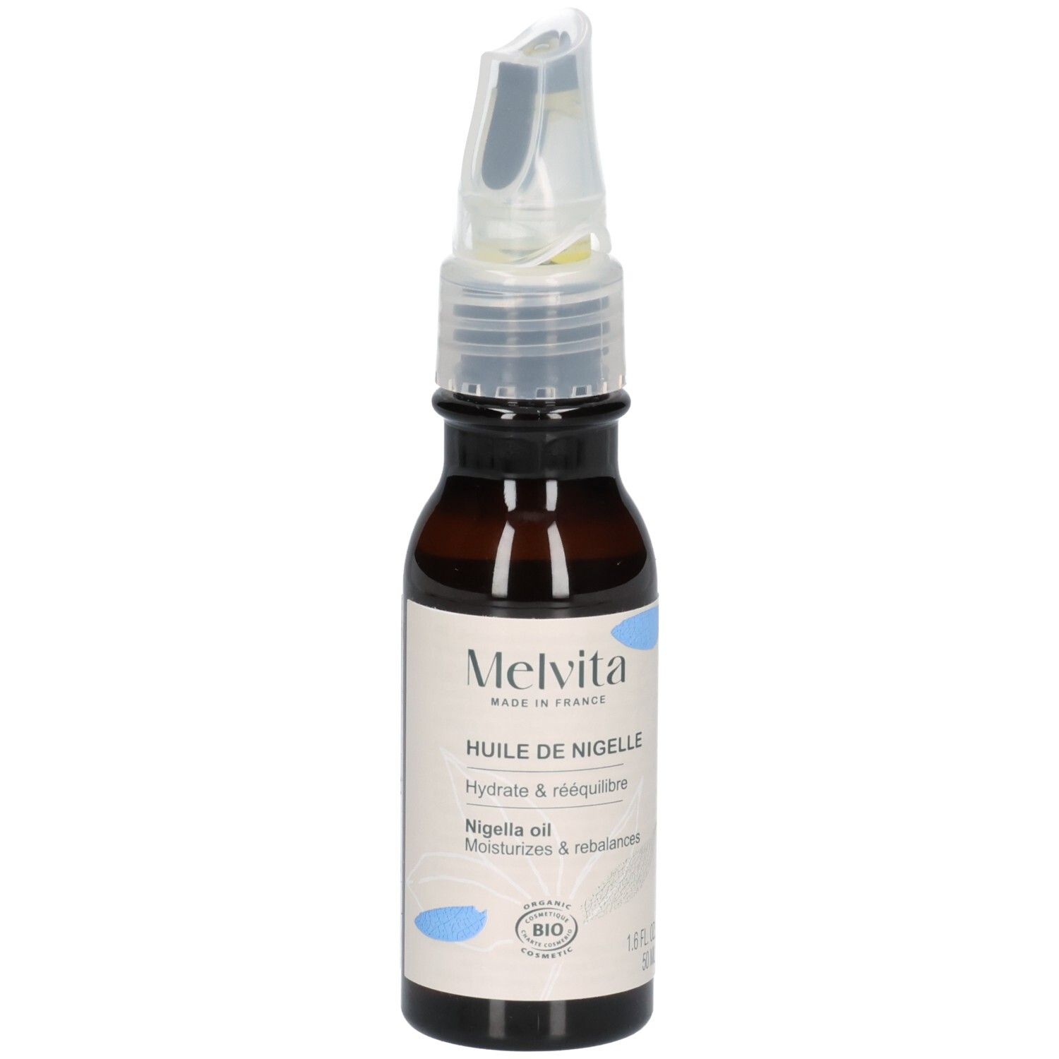 Flacon d'huile de Nigelle Melvita avec applicateur. Sceau Bio et mention Made in France.