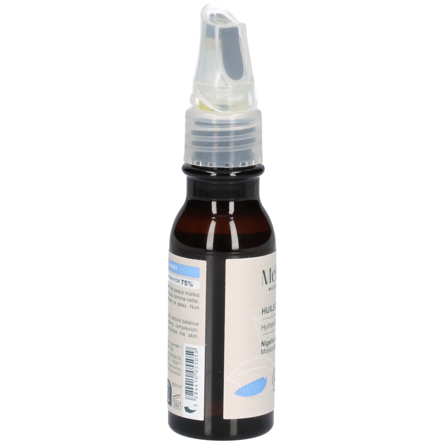 Flacon d'huile de Nigelle Melvita, vue de côté. Comprend un sceau Bio et des informations sur les soins de la peau.