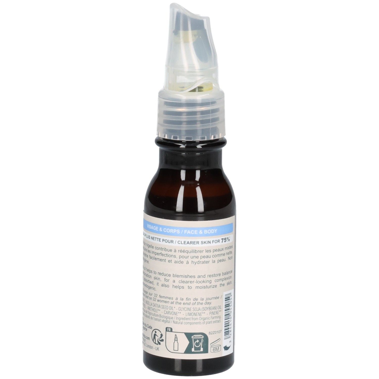 Flacon d'huile de Nigelle Melvita avec applicateur. Texte en français pour Visage & Corps.