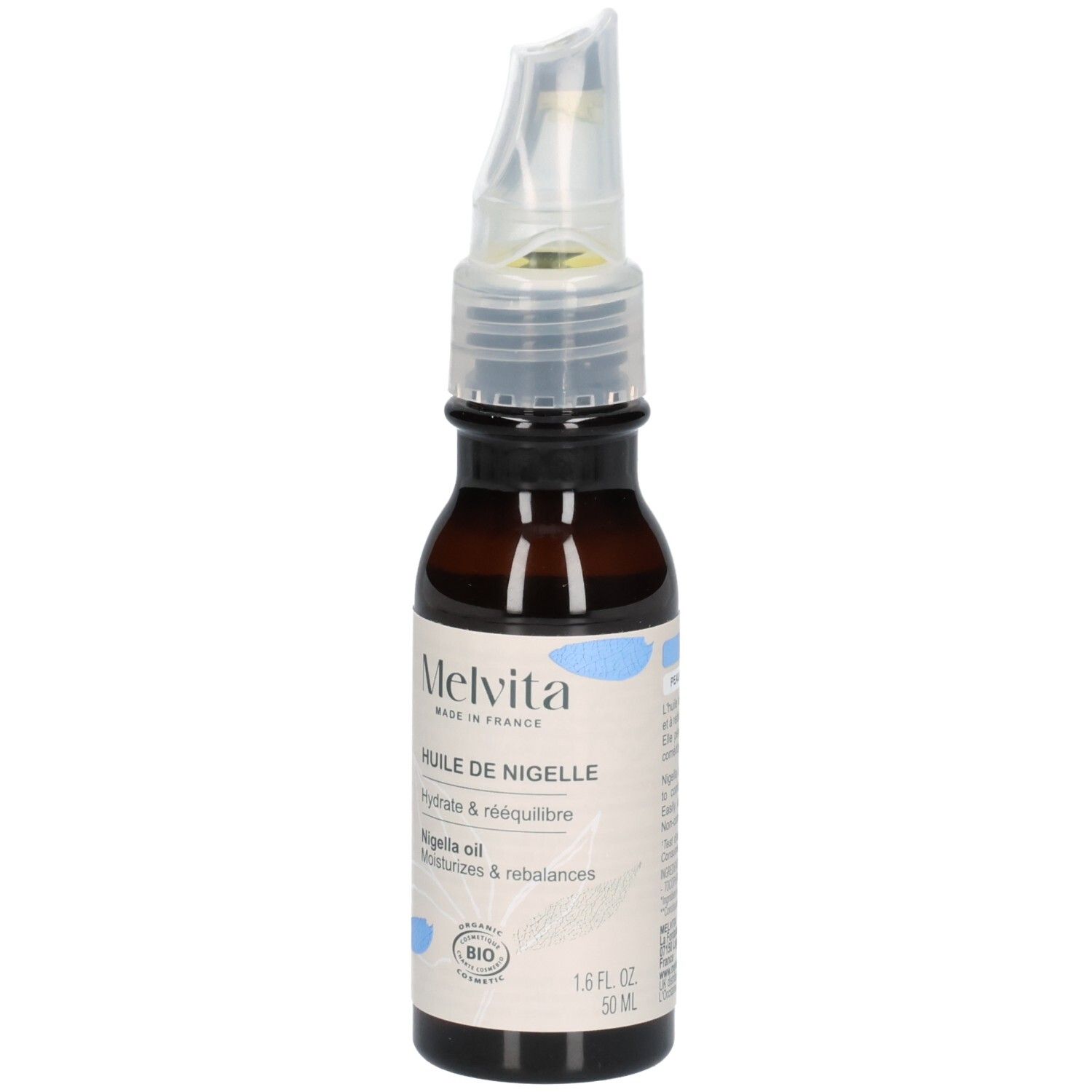 Flacon d'huile de Nigelle Melvita avec applicateur. Étiquette avec sceau Bio et indication 50 ml.