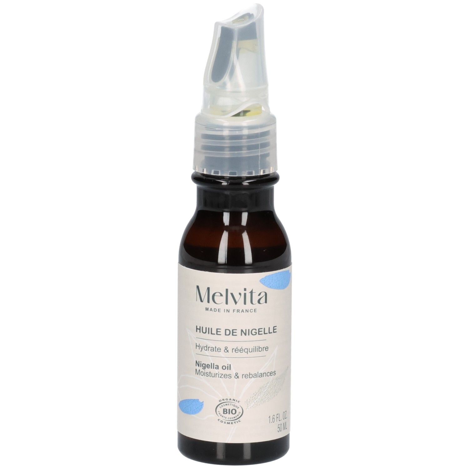Flacon d'huile de Nigelle Melvita avec applicateur. Sceau Bio et mention Made in France.