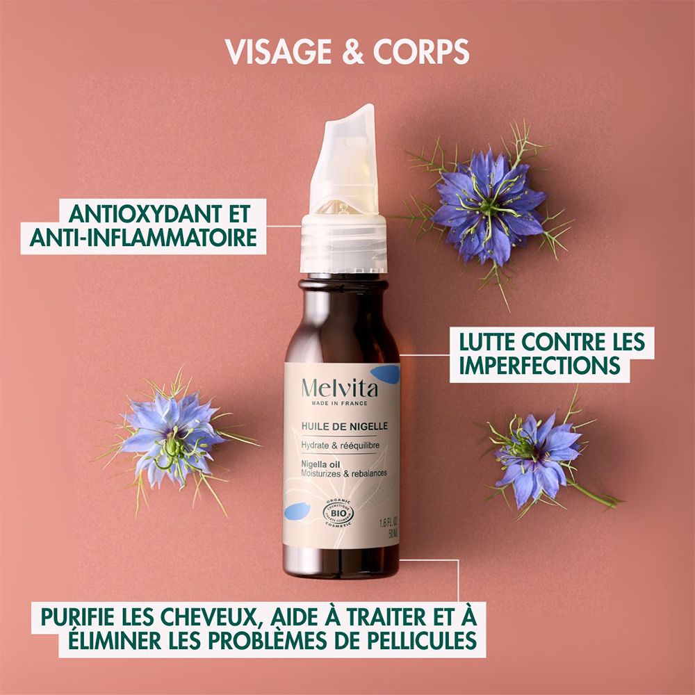 Flacon d'huile de Nigelle Melvita, vue de côté. Comprend un sceau Bio et des informations sur les soins de la peau.