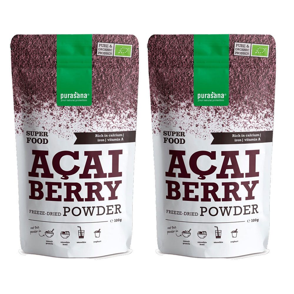 Deux sachets de poudre purasana® ACAIBERRY. Inscription : Superfood, Acai Berry, poudre lyophilisée. Label bio.