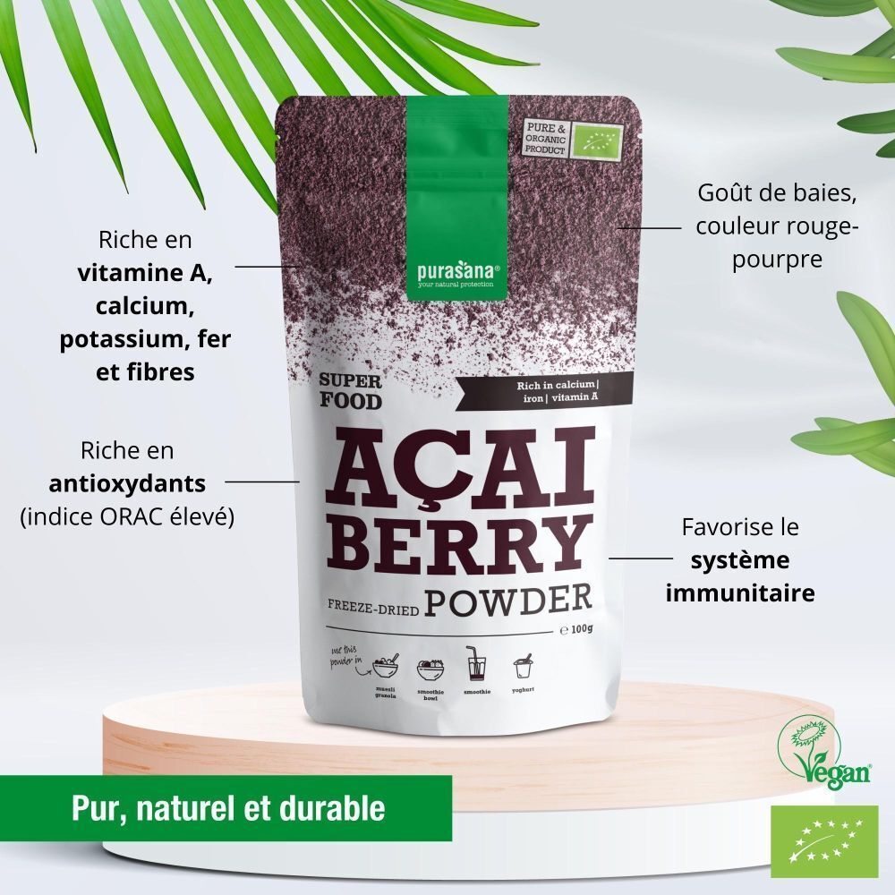 Un sachet de poudre d'açaï lyophilisée Purasana, superaliment, avec indications nutritionnelles et d'utilisation.