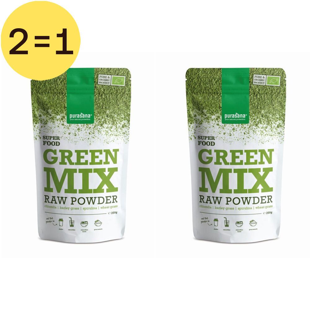 Deux sachets de Green Mix Raw Powder. Un cercle jaune indique 2=1. Marque Purasana.