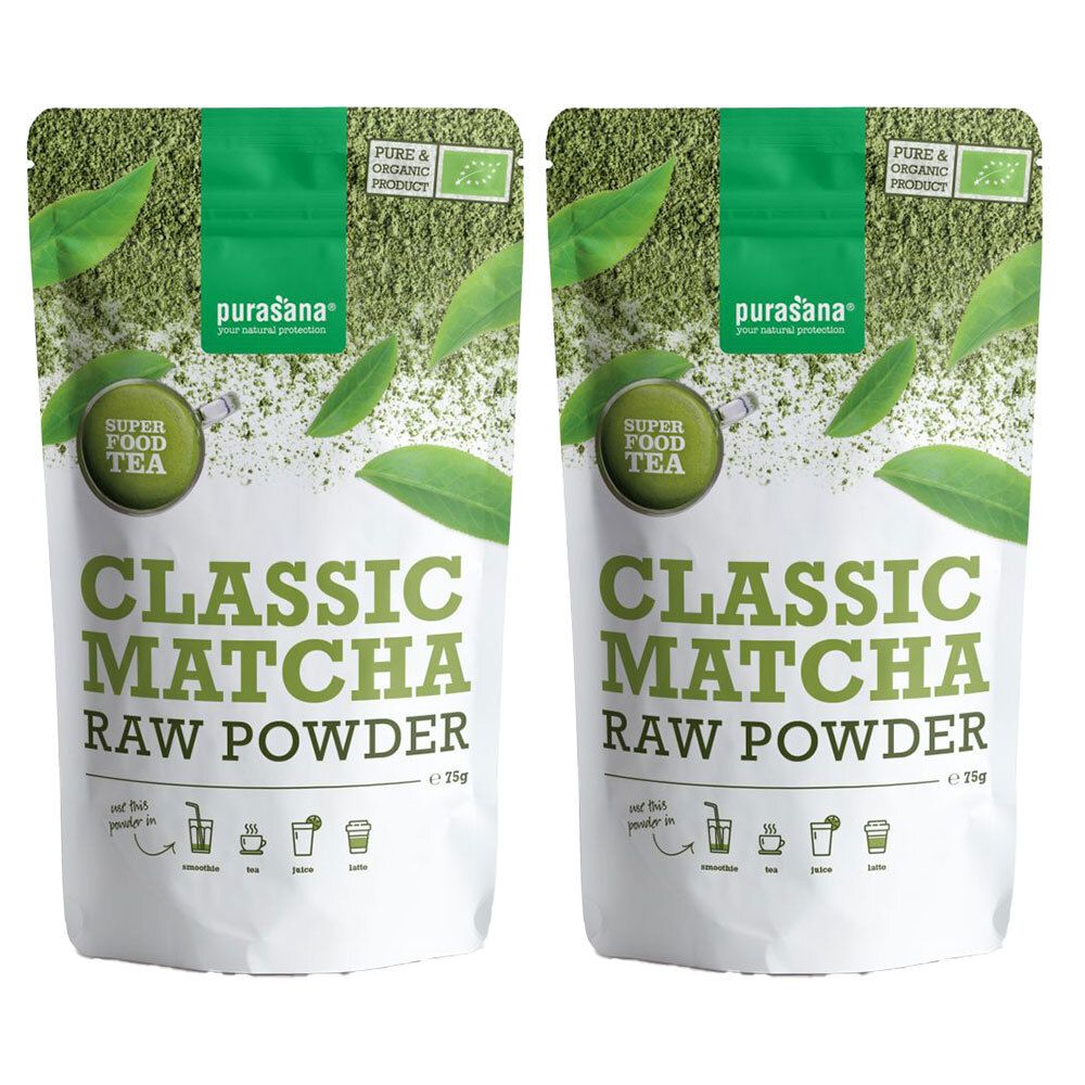 Deux sachets de Classic Matcha Raw Powder. Emballage vert avec logo et feuilles. Certification bio.