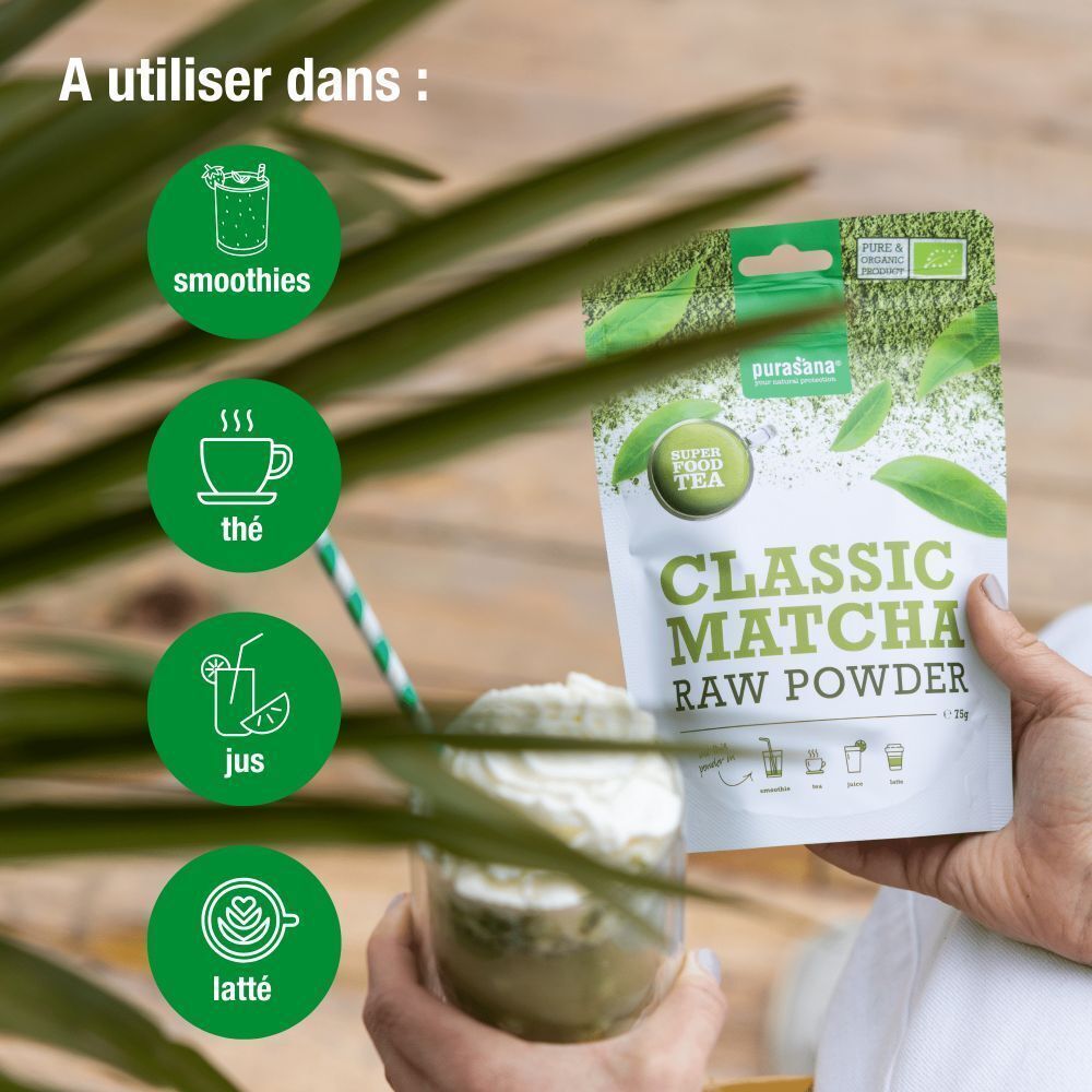 Main tenant un sachet de purasana® Classic Matcha. Icônes montrant les préparations.