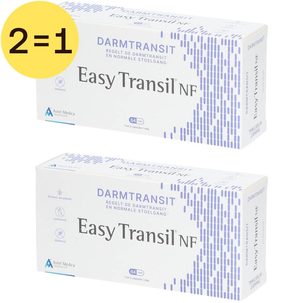 Deux boîtes Easy Transil NF. Inscription: Transit intestinal, régularise le transit intestinal et selles normales. Offre 2=1.