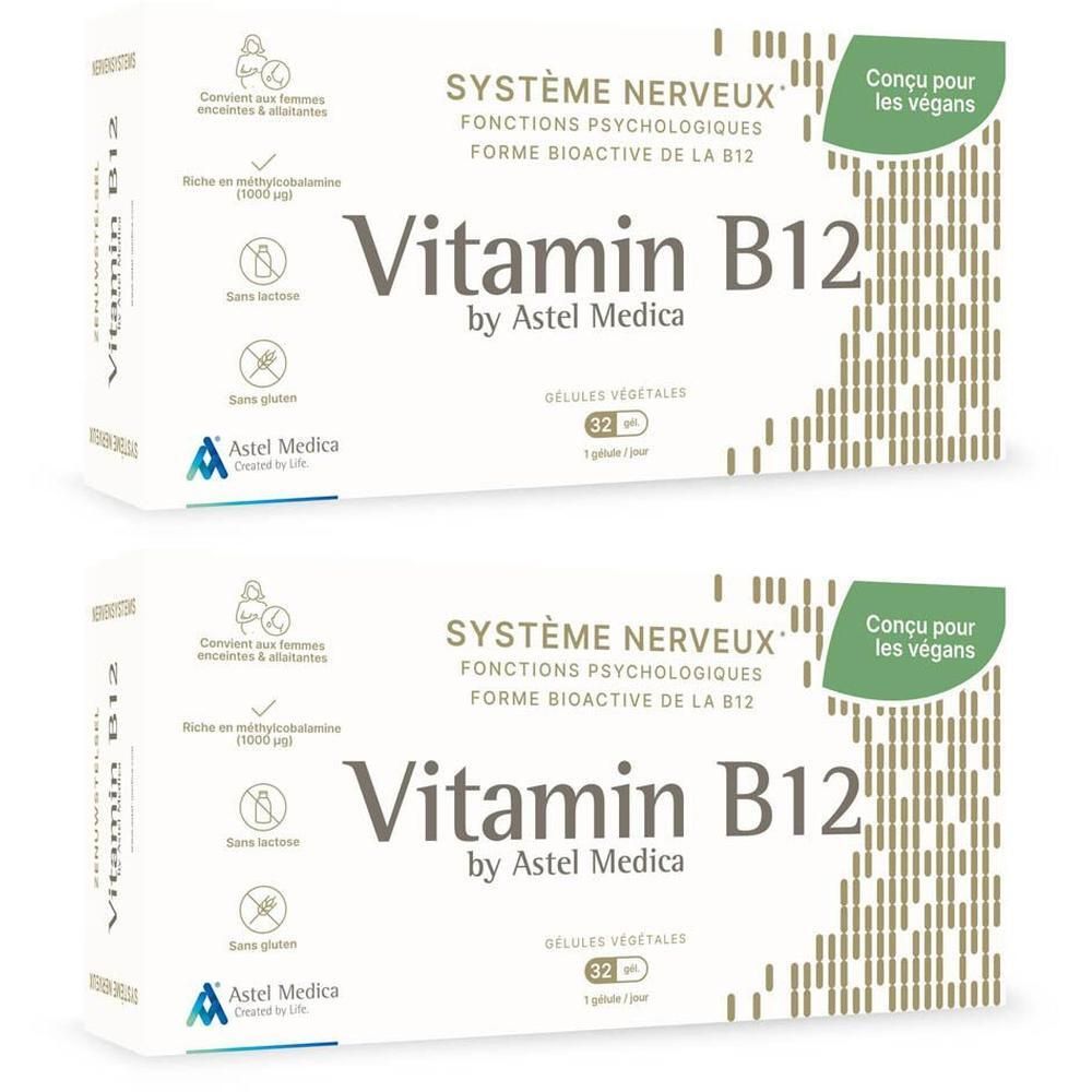 Deux boîtes de Vitamine B12 Astel Medica pour le système nerveux, 32 gélules végétales par boîte.