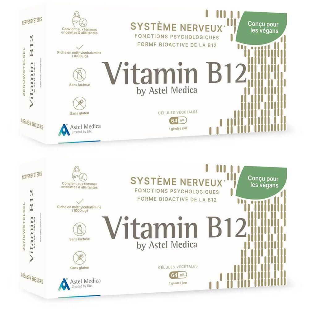 Deux boîtes de Vitamine B12 par Astel Medica pour le système nerveux, 64 gélules végétales par boîte.