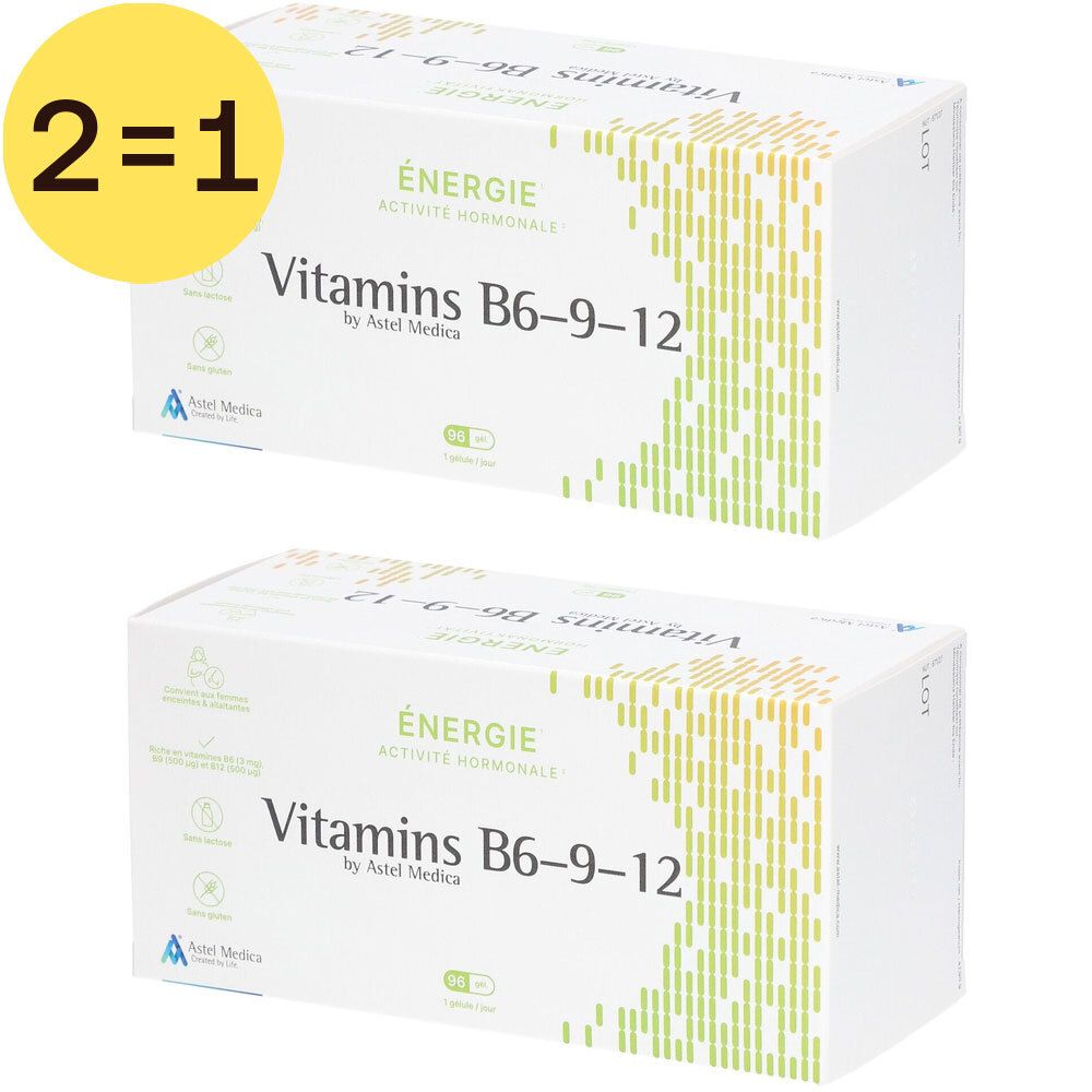 Deux boîtes blanches avec "Vitamins B6-9-12" et "ÉNERGIE". Cercle jaune avec "2=1". Marque: Astel Medica.
