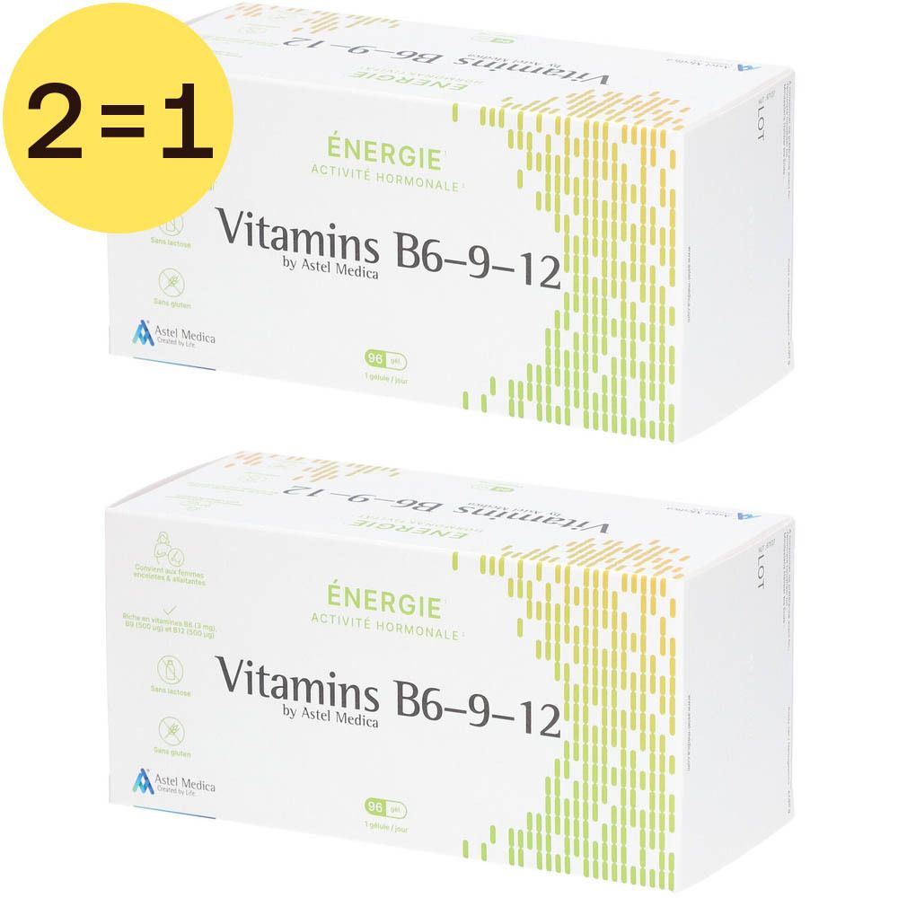 Deux boîtes blanches avec "Vitamins B6-9-12" et "ÉNERGIE". Cercle jaune avec "2=1". Marque: Astel Medica.