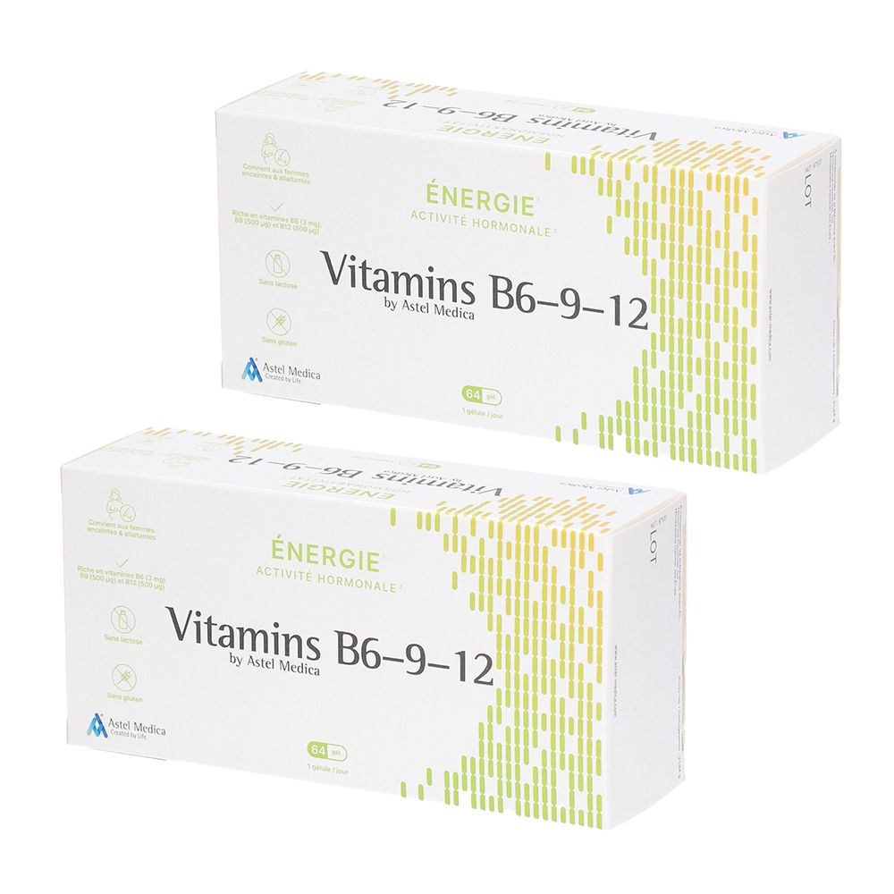 Deux boîtes blanches avec l'inscription "ÉNERGIE Vitamins B6-9-12". Inscription "by Astel Medica". Motif vert-jaune sur le côté.