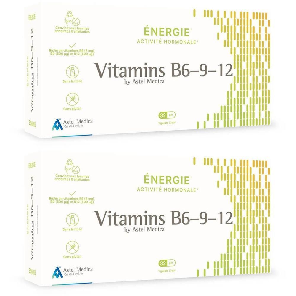 Deux boîtes de "Vitamins B6-9-12" par Astel Medica. Les boîtes indiquent "ÉNERGIE ACTIVITÉ HORMONALE" et 32 capsules.