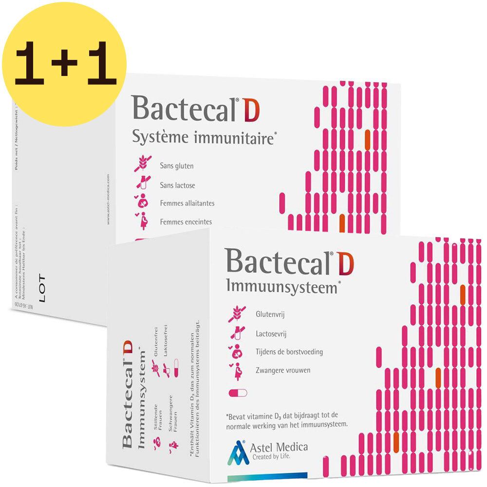 Deux boîtes blanches Bactecal D. Inscription : Système immunitaire, Immuunsysteem. Cercle jaune avec 1+1.