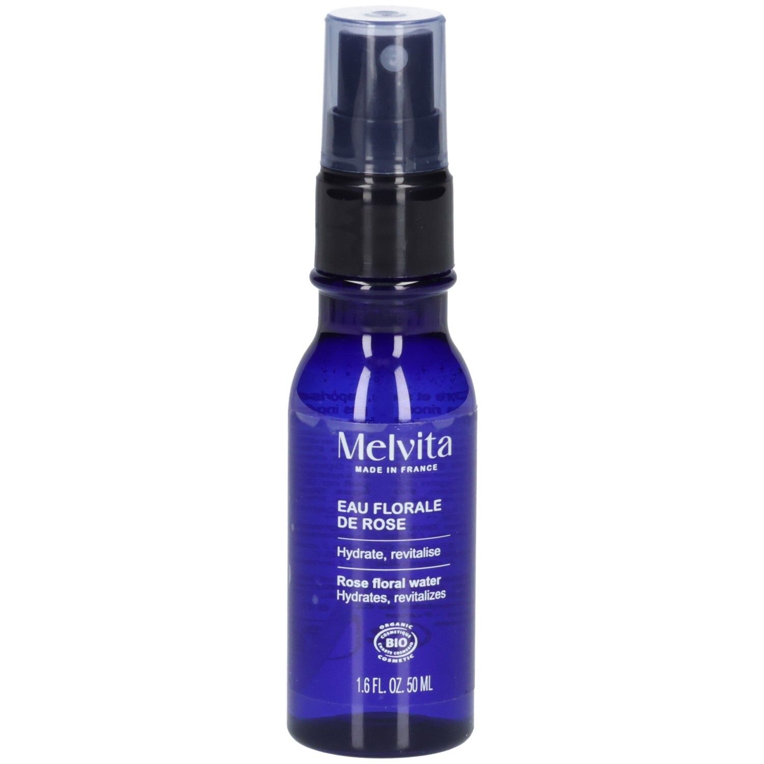 Melvita Eau Florale de Rose 50 ml flacon pompe spray, verre bleu.