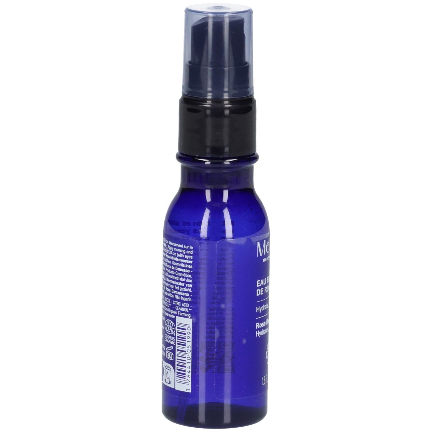 Melvita Eau Florale de Rose 50 ml flacon pompe spray, flacon en verre bleu vu de côté.