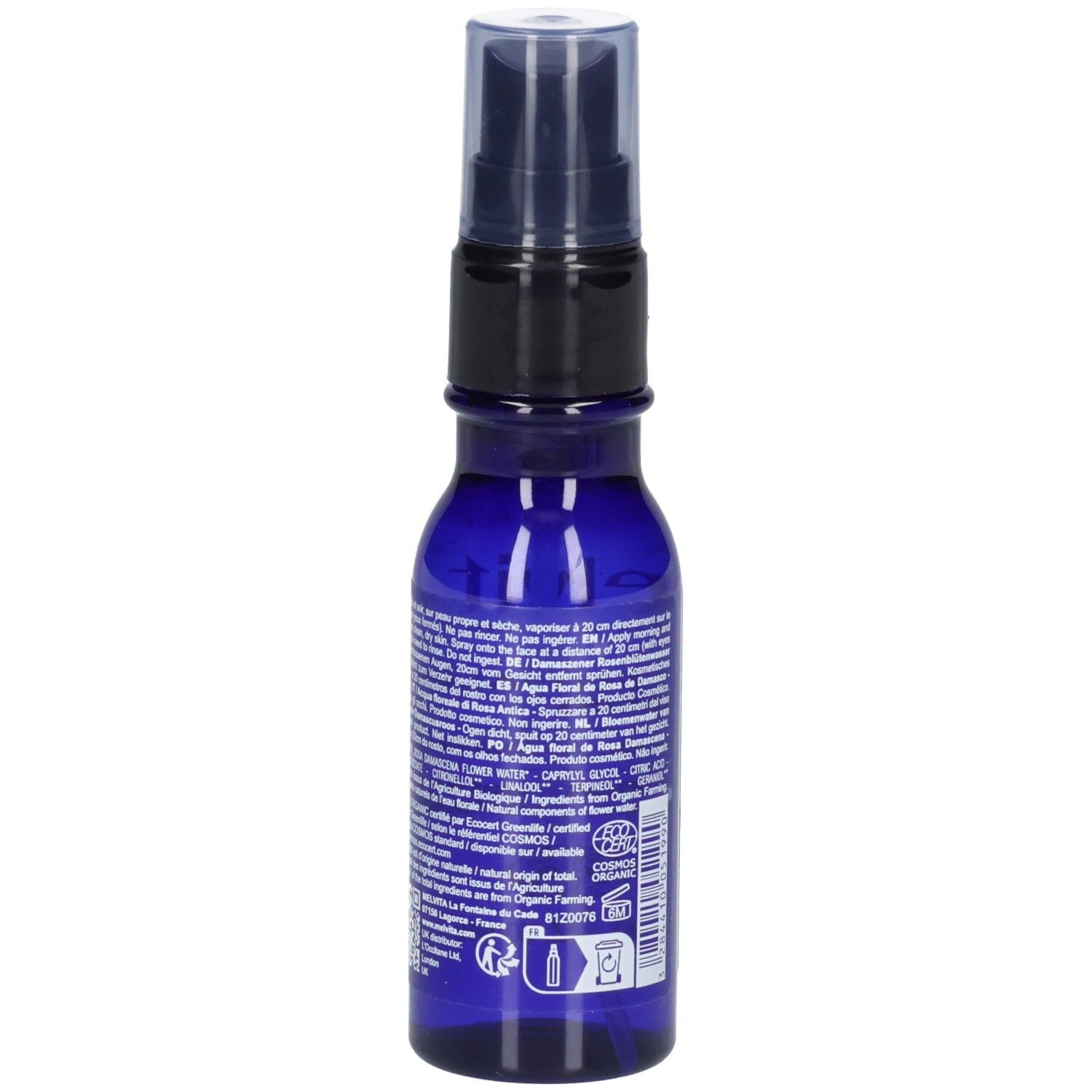 Melvita Eau Florale de Rose 50 ml flacon pompe spray, dos avec étiquette et label Bio.