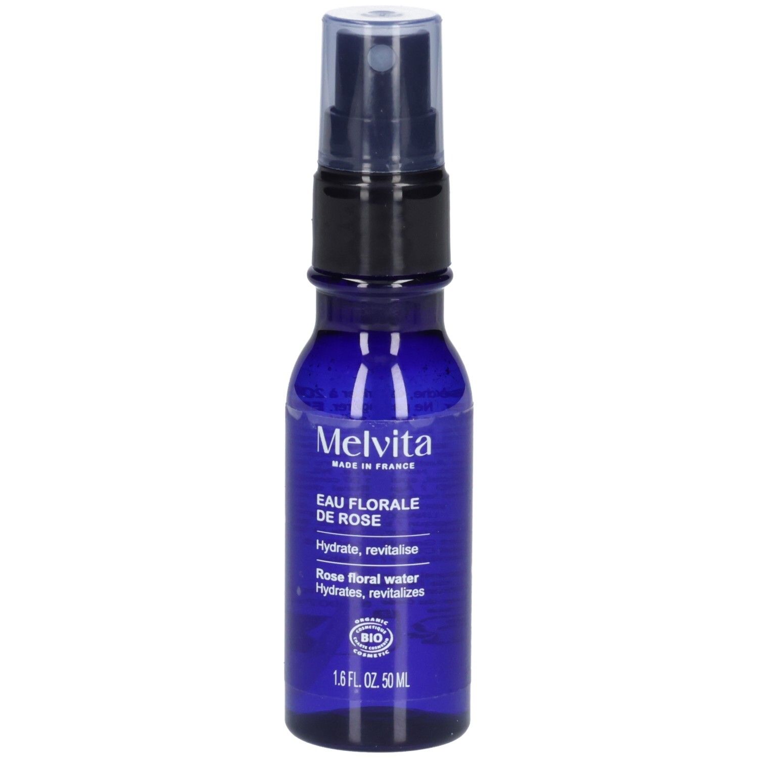 Melvita Eau Florale de Rose 50 ml flacon pompe spray, flacon en verre bleu avec étiquette et sceau.