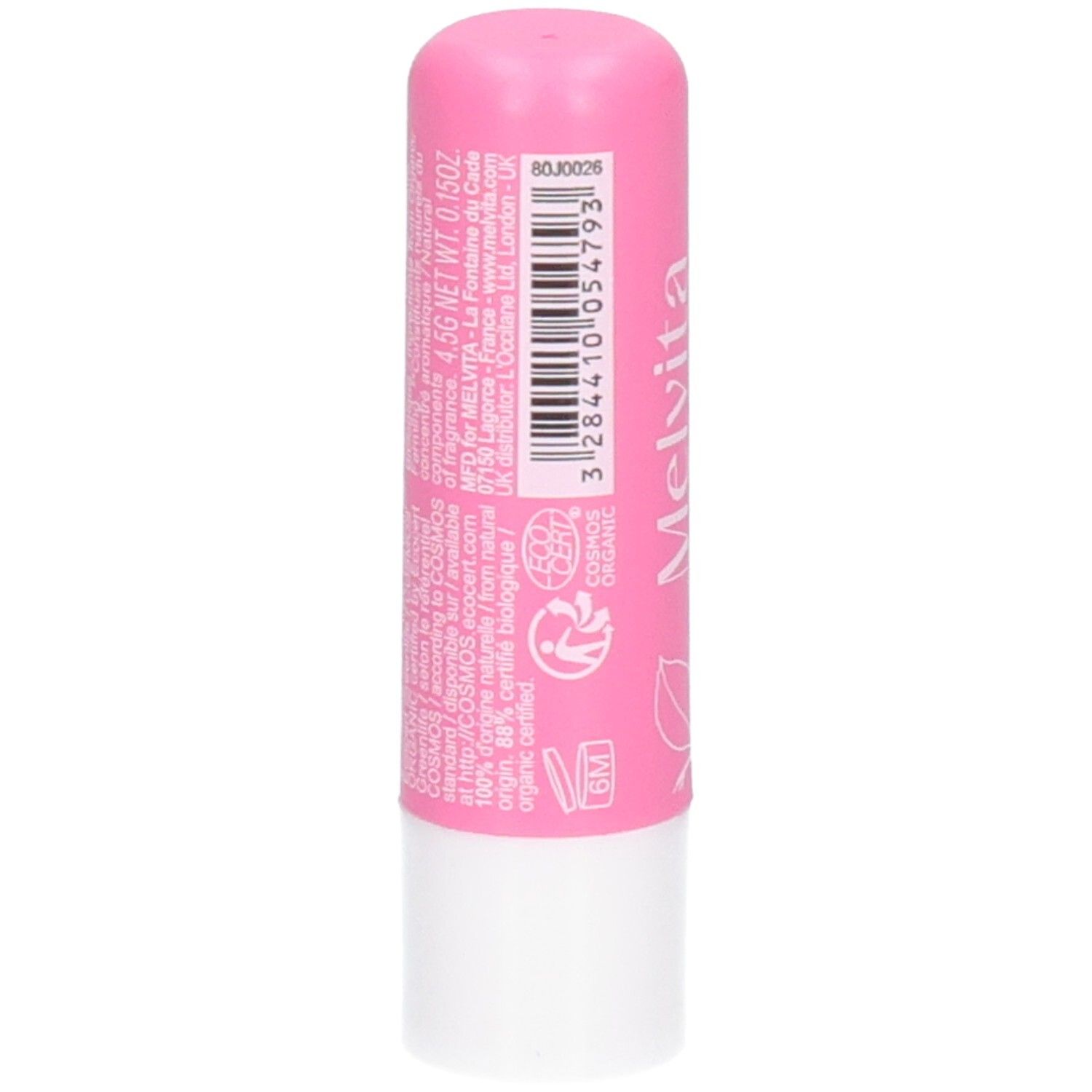 Baume à lèvres hydratant Rose Pulp Melvita, rose. Logo Bio.