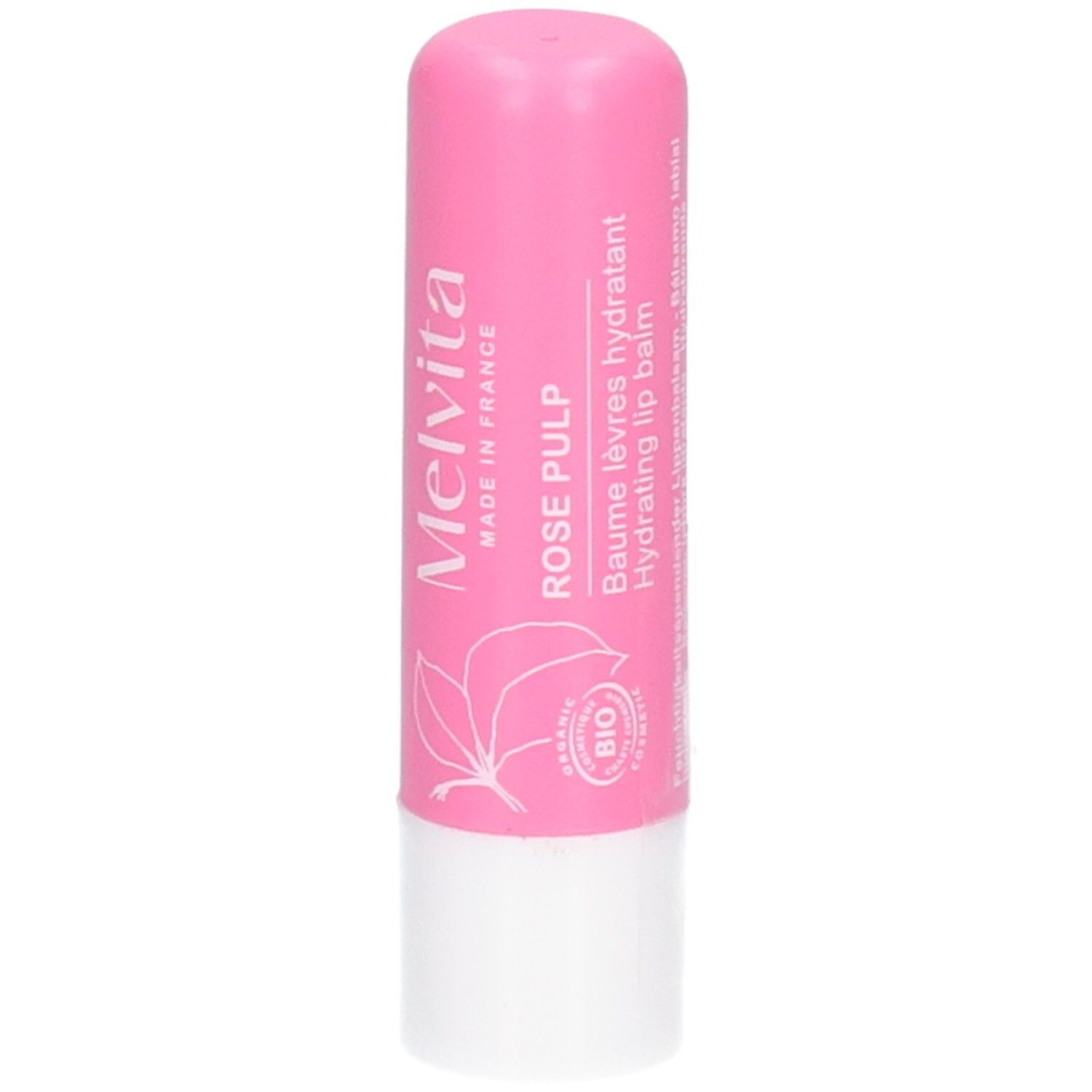Baume à lèvres hydratant Rose Pulp Melvita, rose. Fabriqué en France.