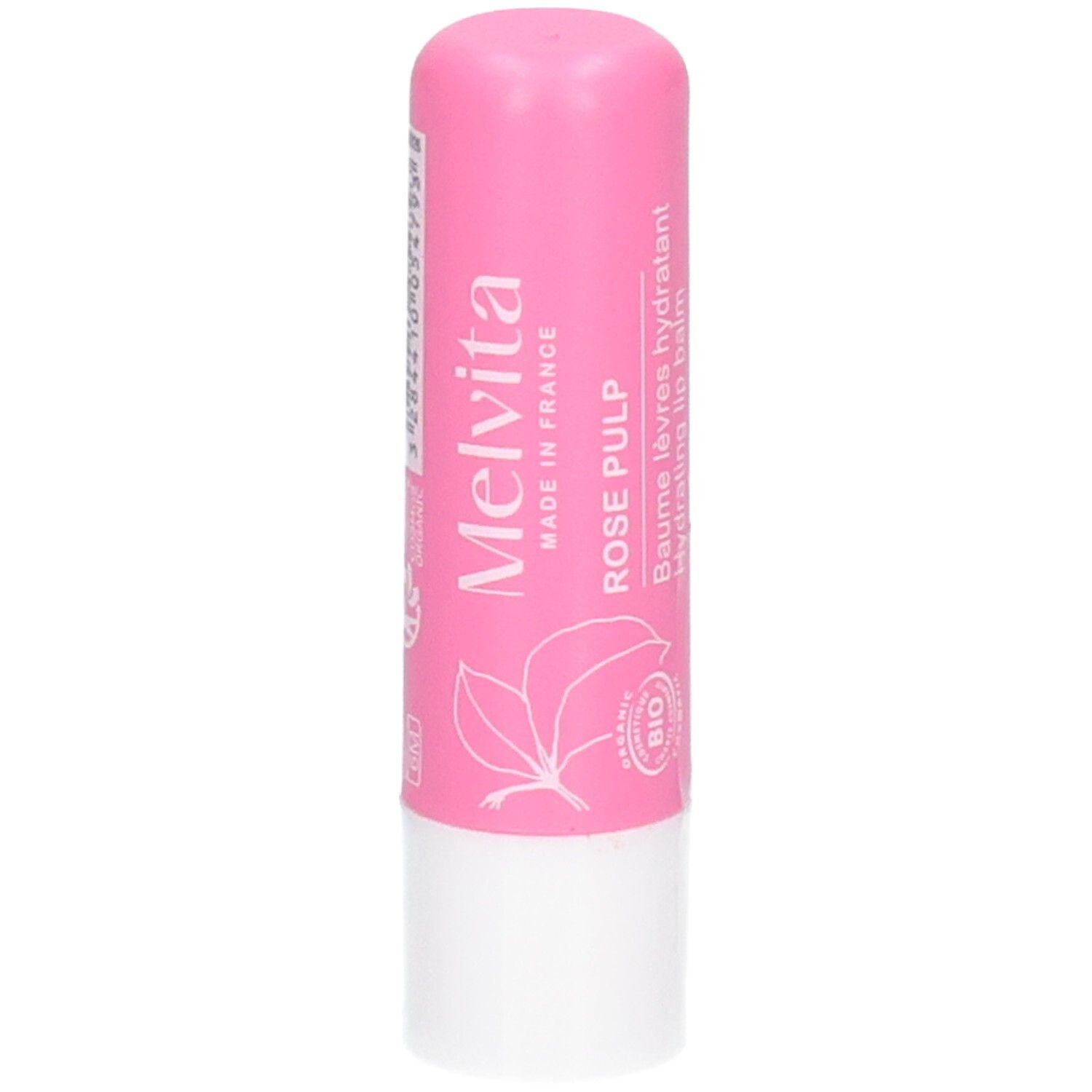 Baume à lèvres hydratant Rose Pulp Melvita, rose. Motif feuille.
