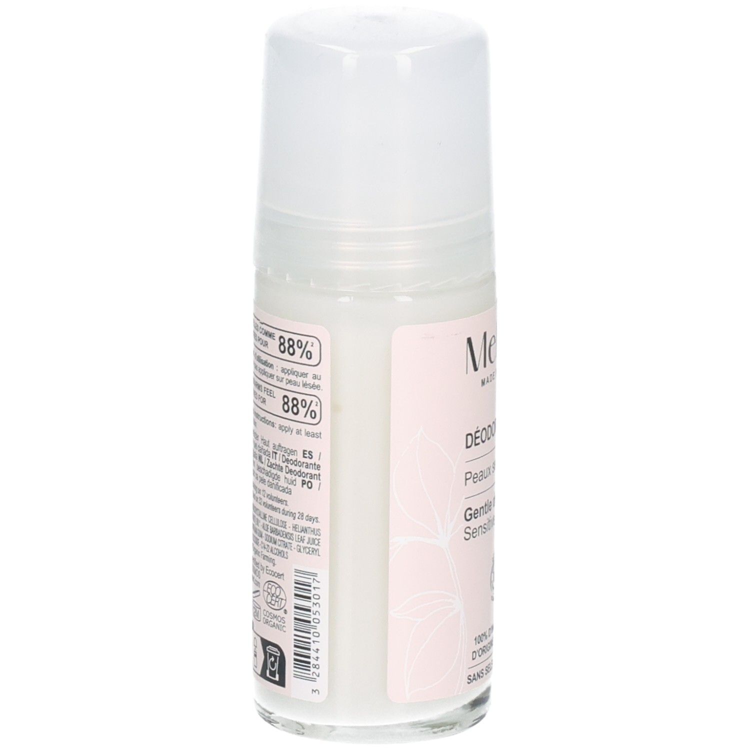 Arrière du déodorant roll-on Melvita Peaux Sensibles, avec liste d'ingrédients et label BIO.
