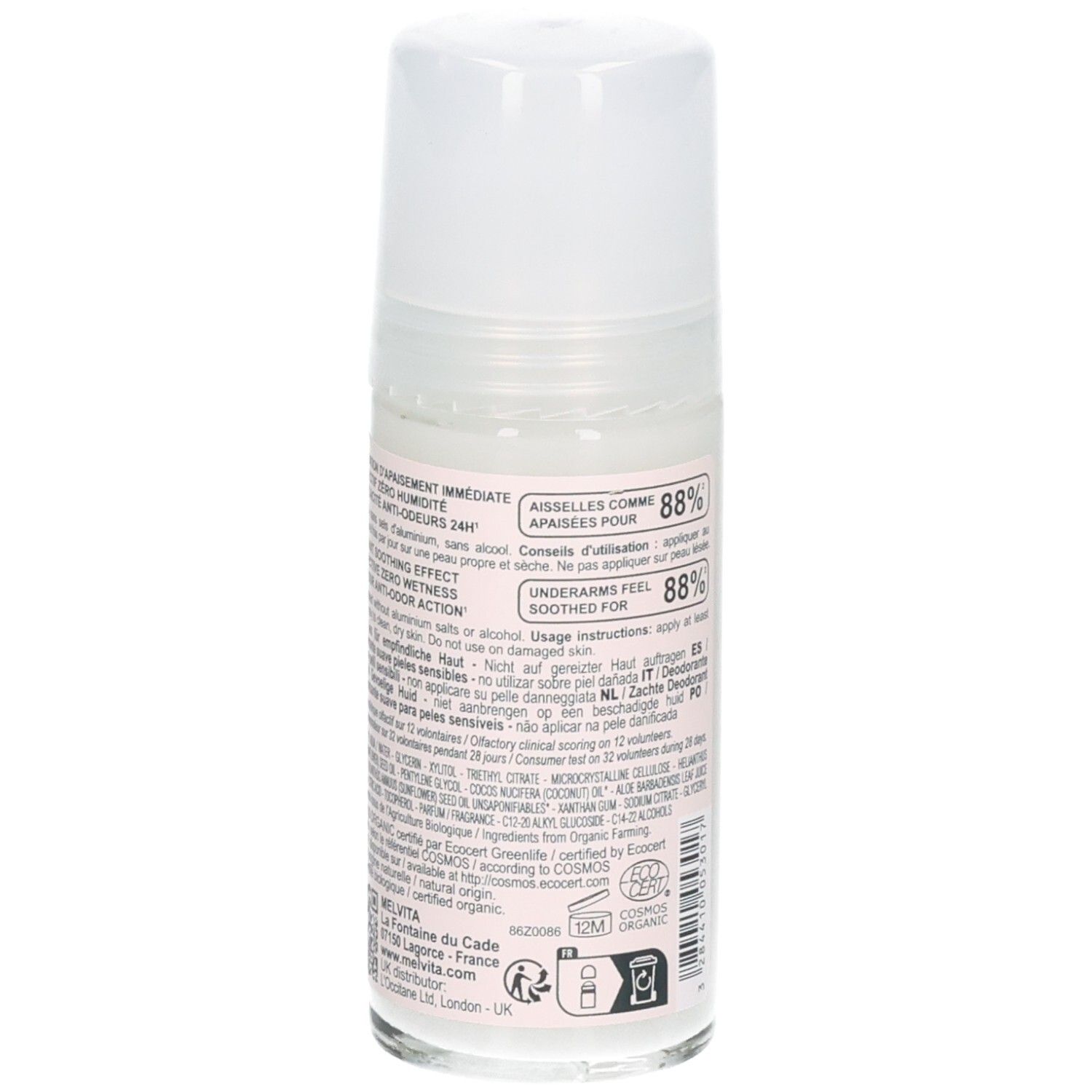 Côté du déodorant roll-on Melvita Peaux Sensibles, avec instructions d'utilisation et label BIO.