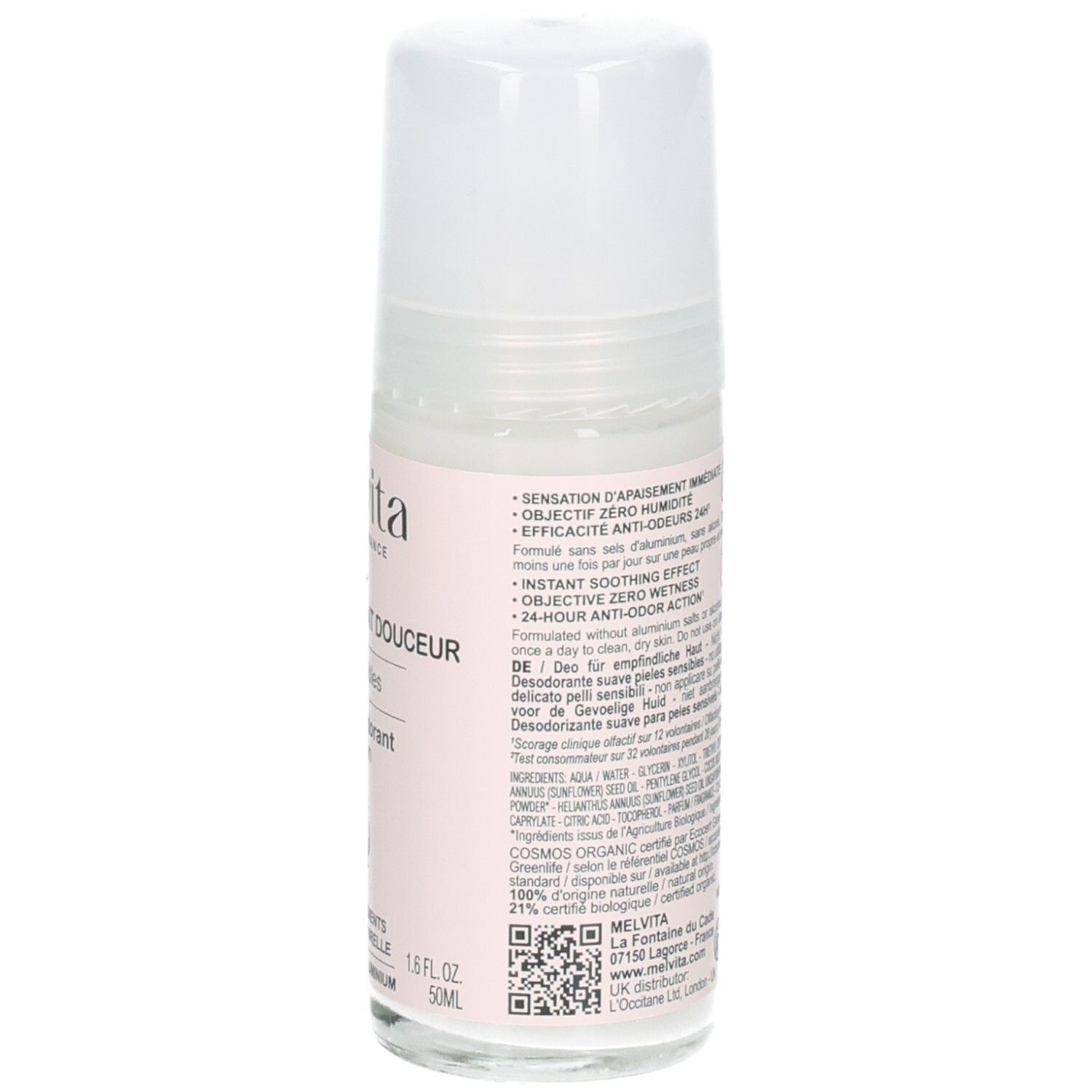 Avant du déodorant roll-on Melvita Peaux Sensibles 50 ml, certifié BIO.