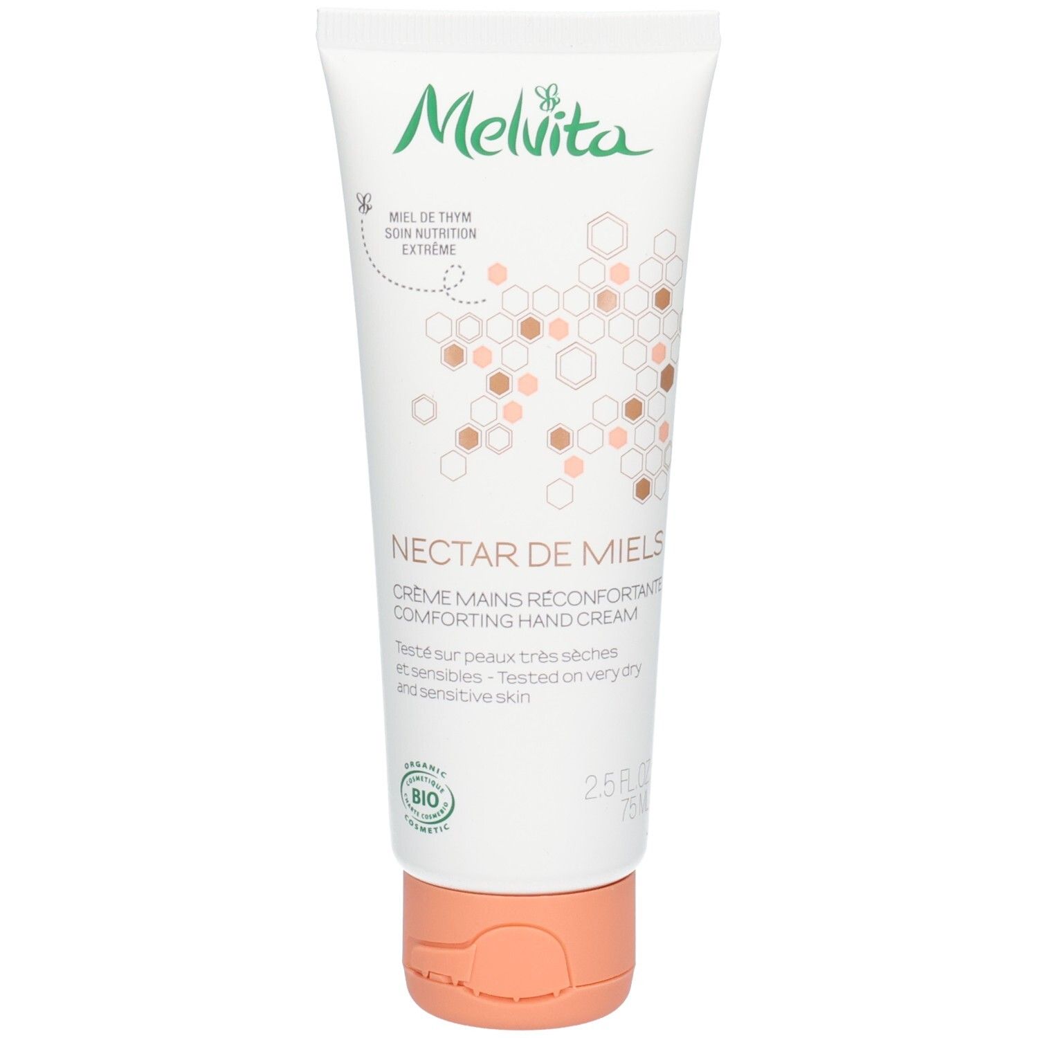 Tube de crème "Melvita". Inscription "Nectar de Miels". Certification bio. Bouchon rose.