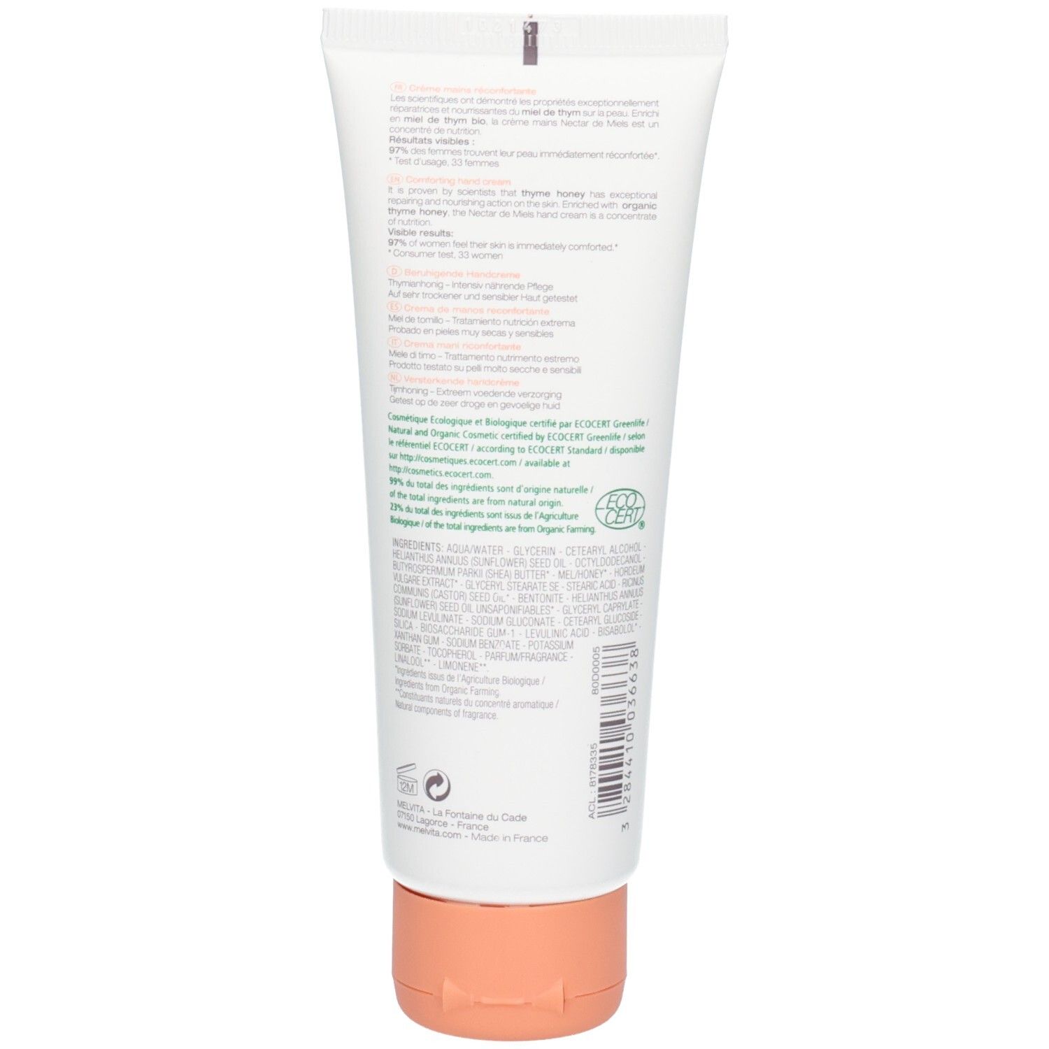 Dos du tube de crème. Texte avec ingrédients et certifications. Bouchon rose.