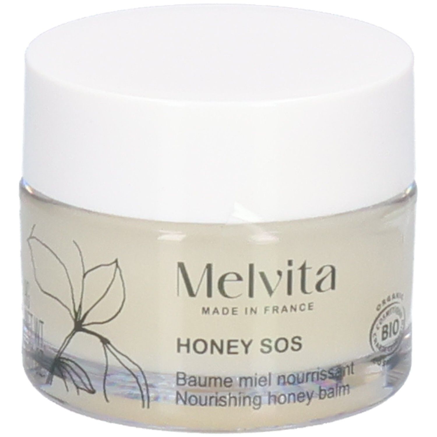 Melvita Baume Miel SOS: Pot en verre avec couvercle blanc. Face avant avec dessin végétal et sceau BIO.