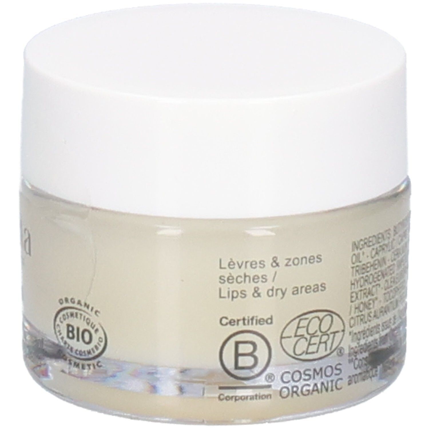 Melvita Baume Miel SOS: Côté avec indications pour lèvres et zones sèches, ECO-CERT et sceau BIO.