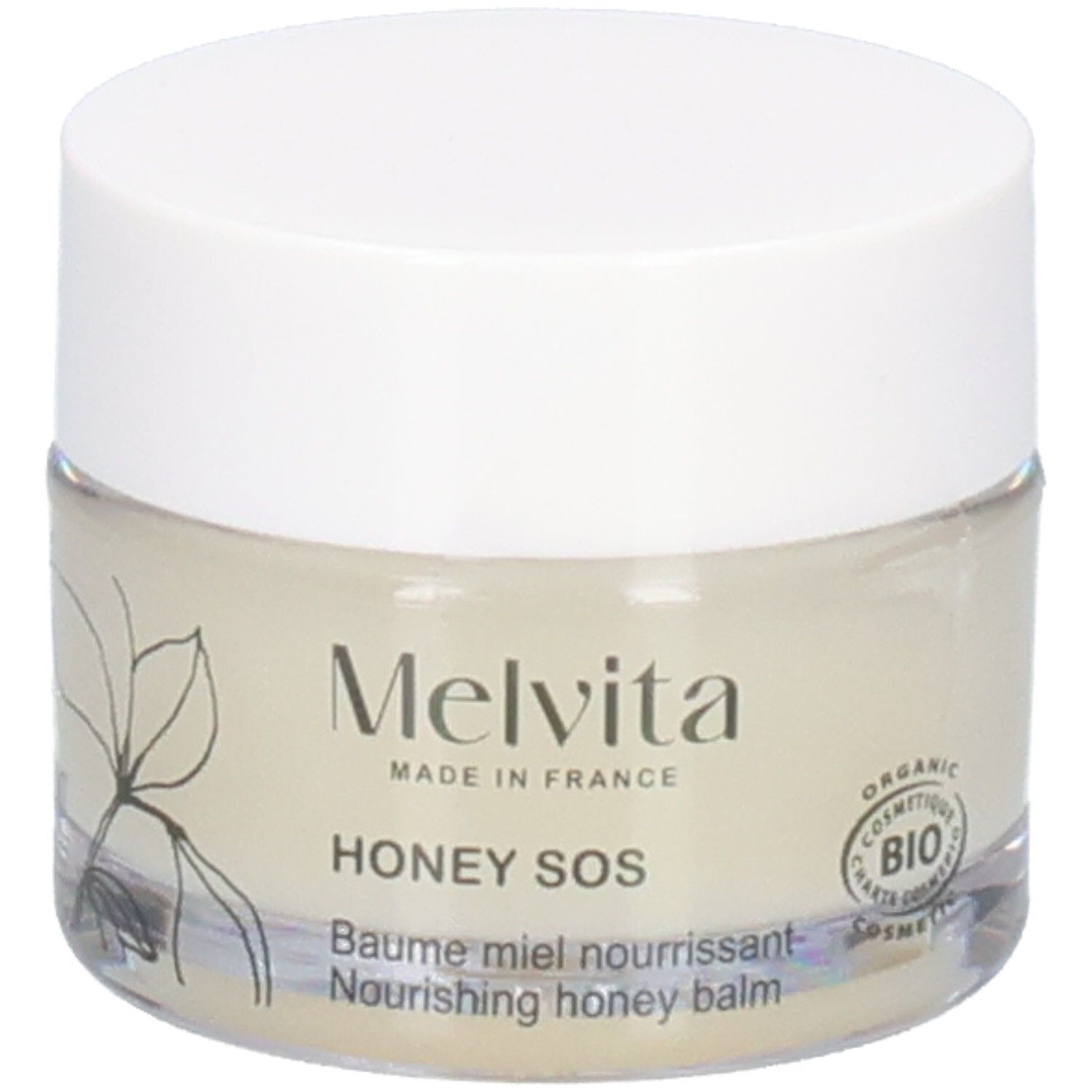 Melvita Baume Miel SOS: Pot en verre avec couvercle blanc. Face avant avec dessin végétal et sceau BIO.
