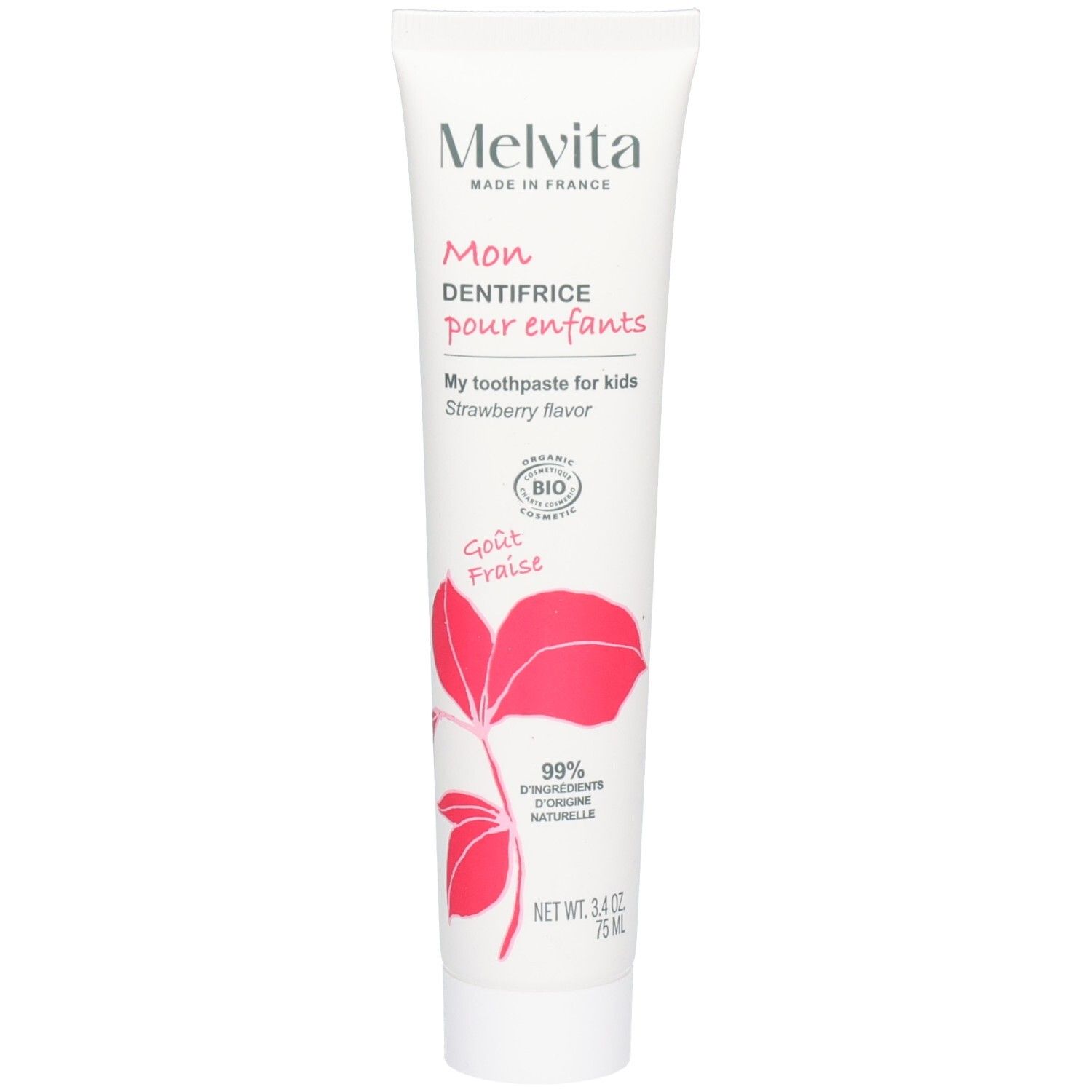 Dentifrice enfant Melvita, 75ml, saveur fraise, tube avec logo BIO et motif feuille.