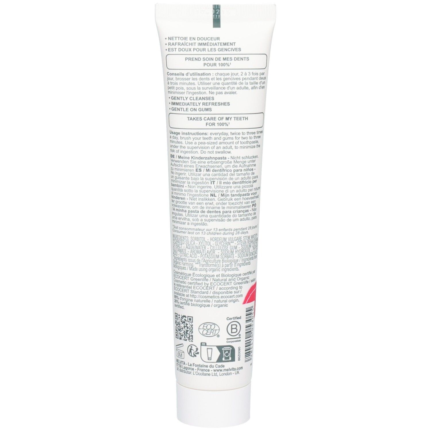 Arrière du tube de dentifrice enfant Melvita avec instructions et certifications BIO.