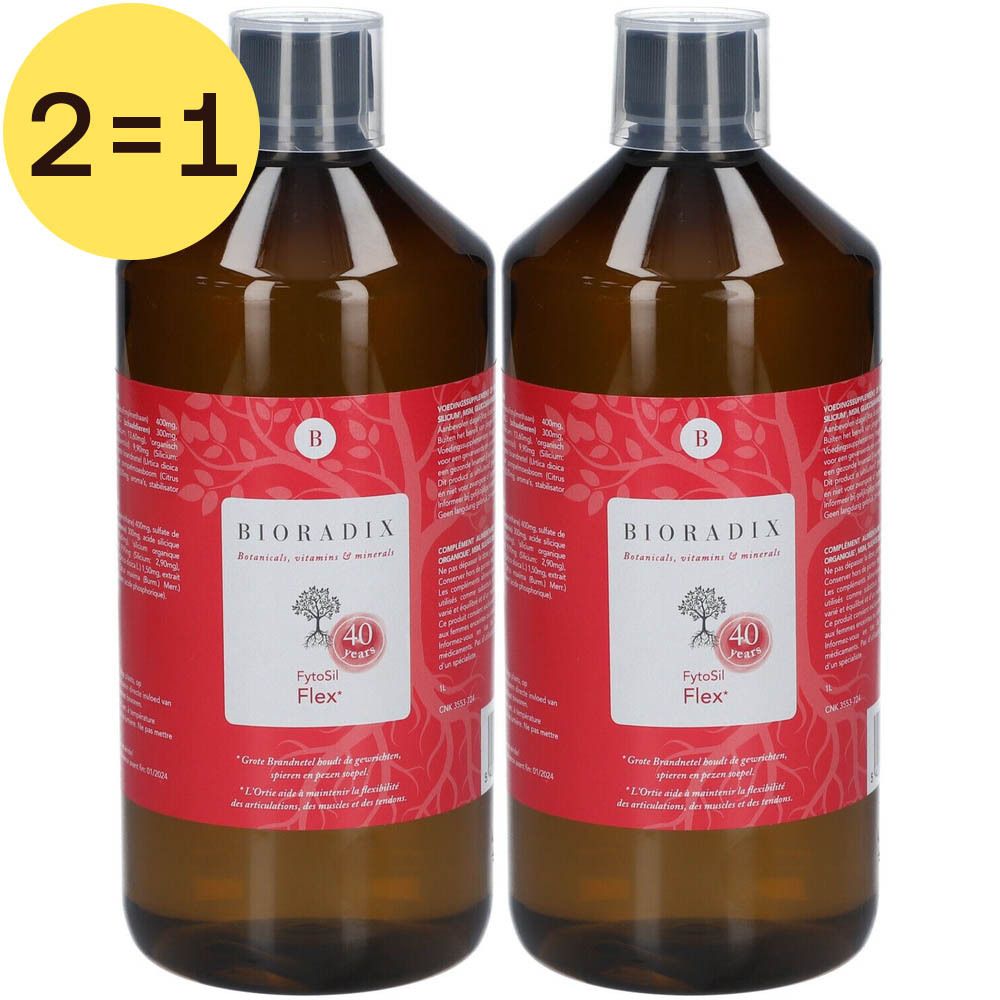 Deux flacons avec étiquette rouge. Inscription: Bioradix Fytosil Flex. Étiquette jaune: 2=1.