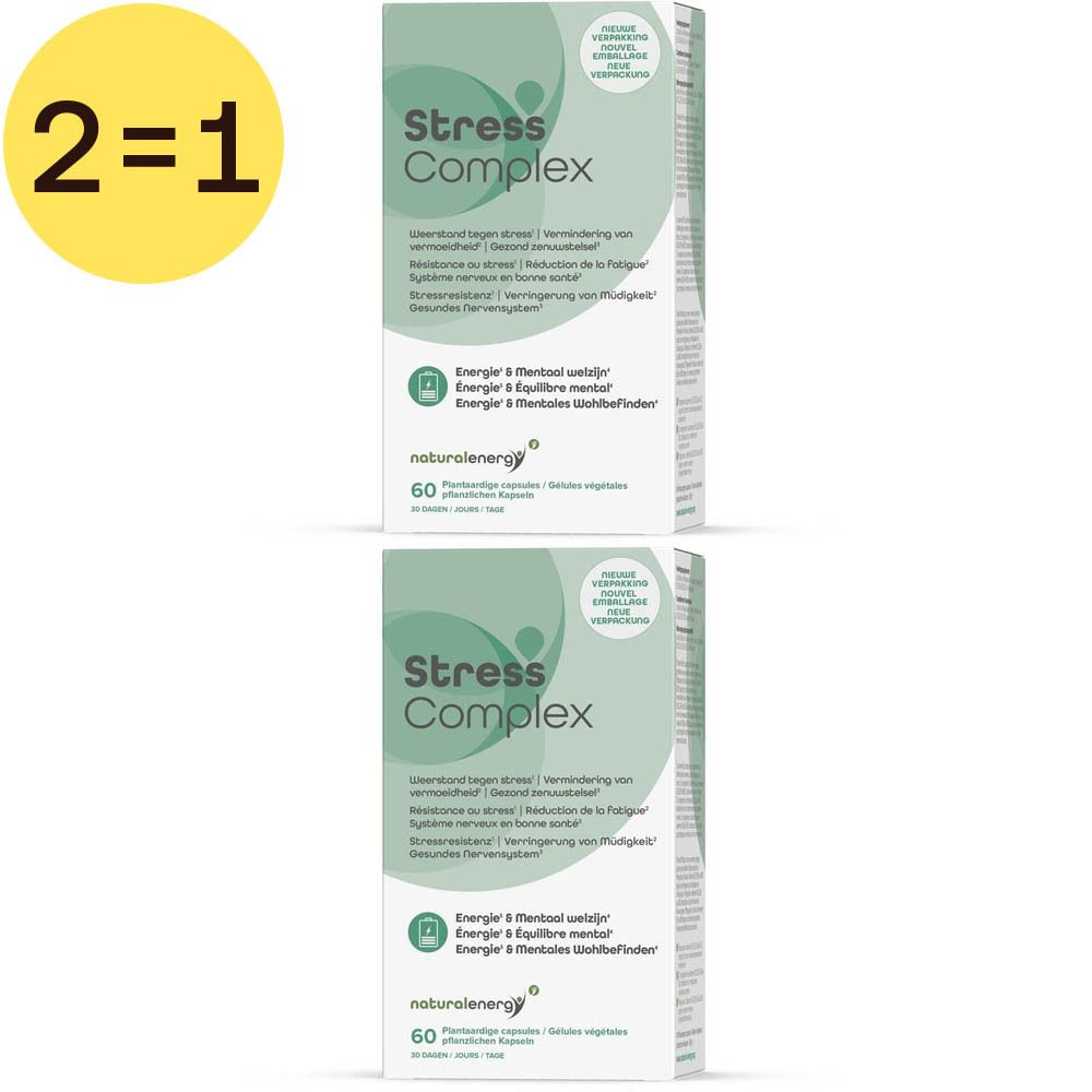 Deux boîtes de Stress Complex. Boîtes vertes et blanches avec nom et texte du produit. Cercle 2=1 en haut à gauche.