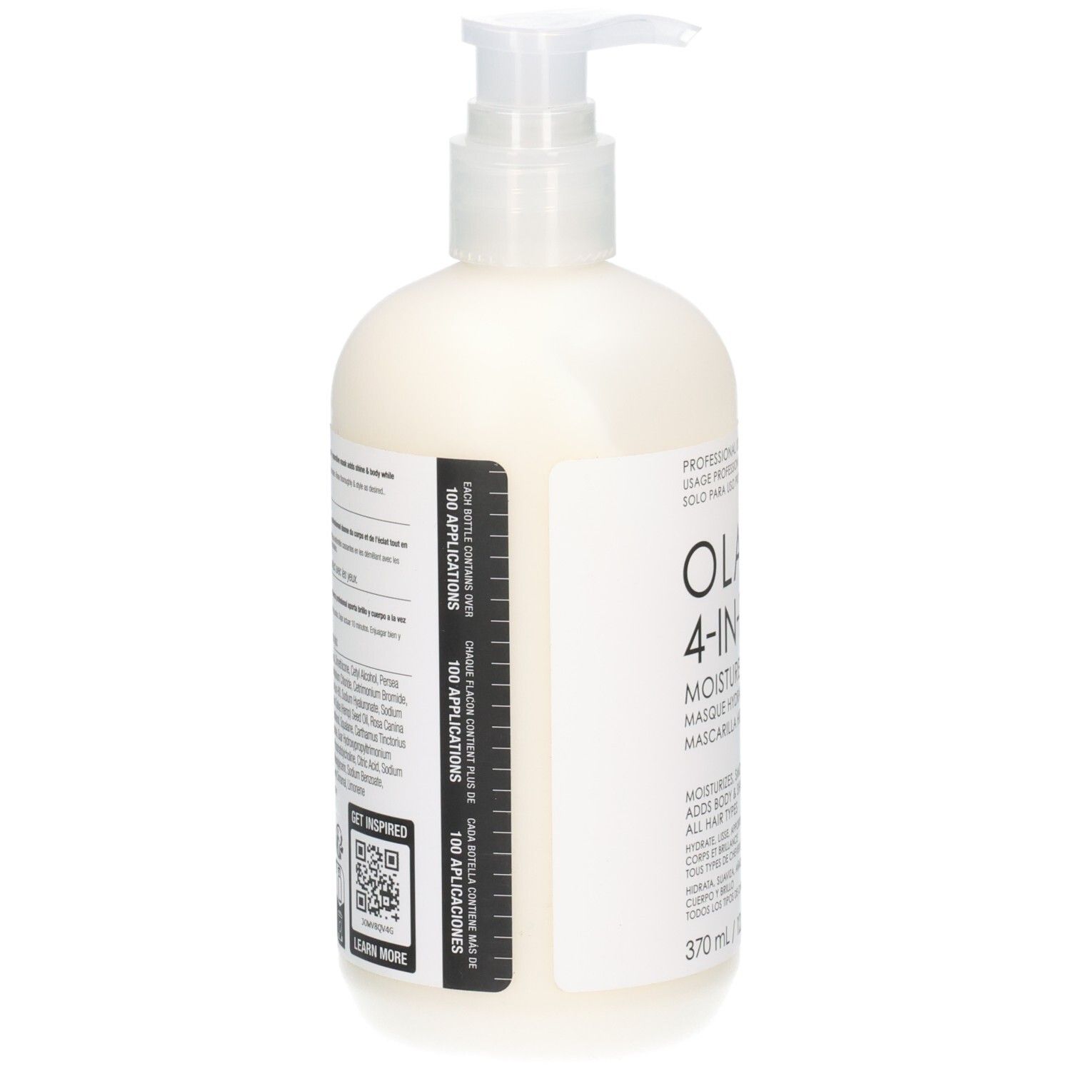 Arrière du masque hydratant Olaplex 4-IN-1 avec instructions et code QR.