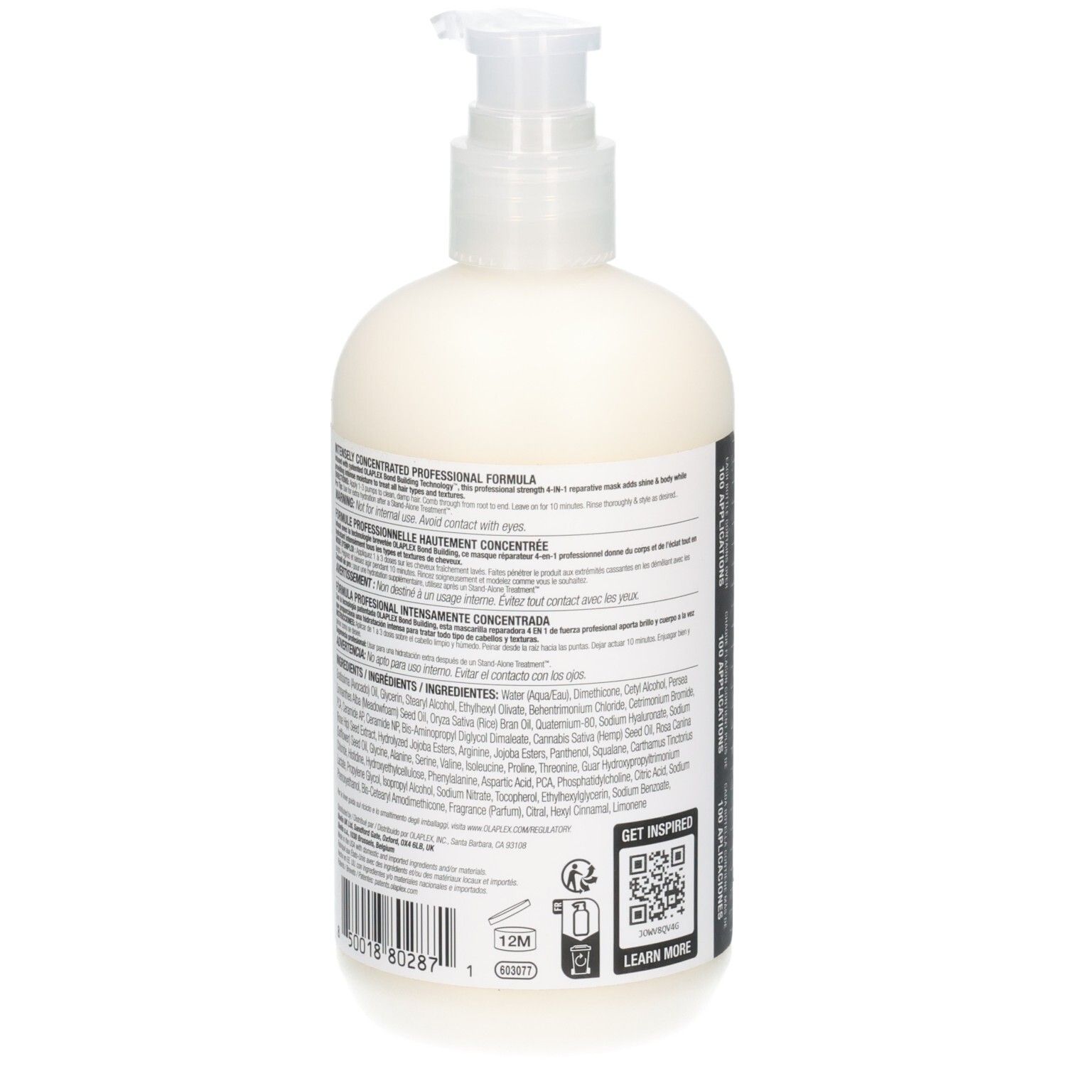 Arrière du masque hydratant Olaplex 4-IN-1 avec ingrédients et code-barres.