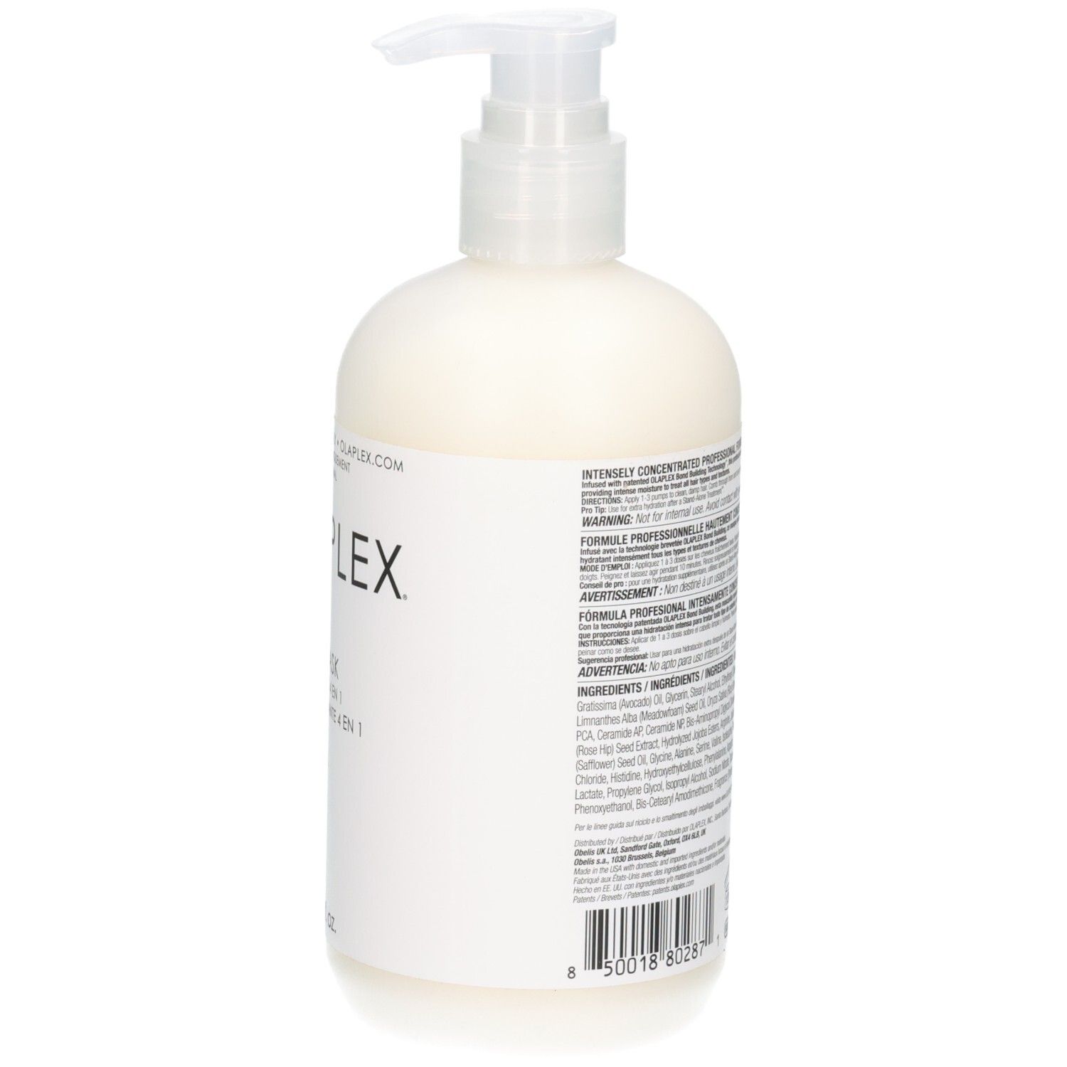 Vue latérale du masque hydratant Olaplex 4-IN-1 avec instructions détaillées.