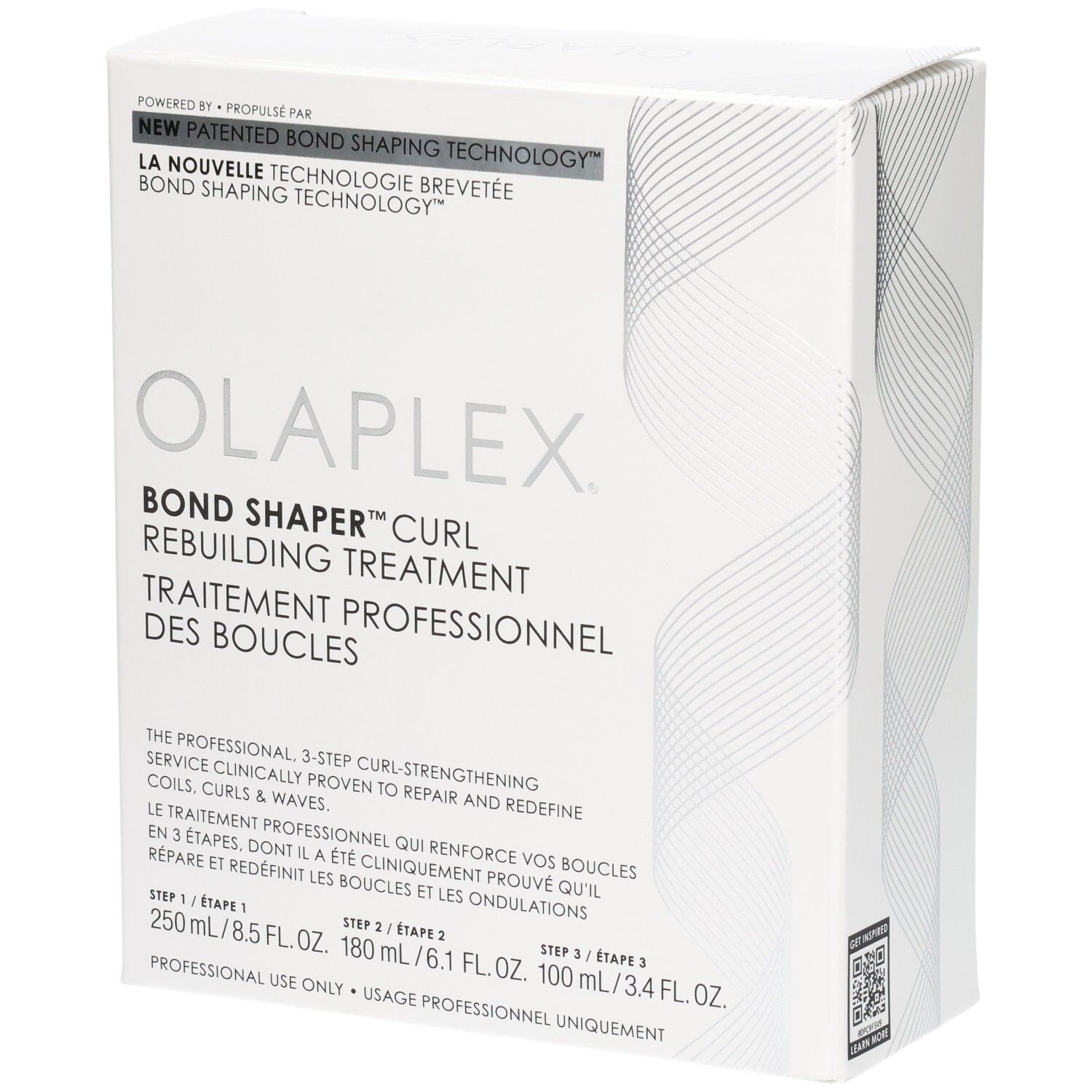 Boîte Olaplex Bond Shaper Curl Rebuilding Treatment. Contient 3 étapes : 250ml, 180ml, 100ml.
