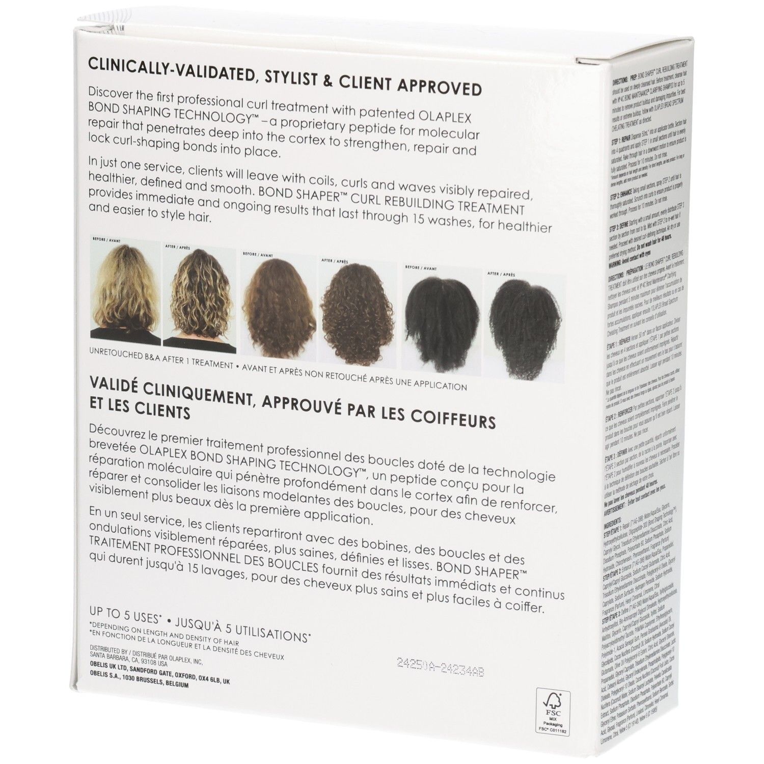 Boîte Olaplex Bond Shaper Curl Rebuilding Treatment avec photos avant/après de boucles.